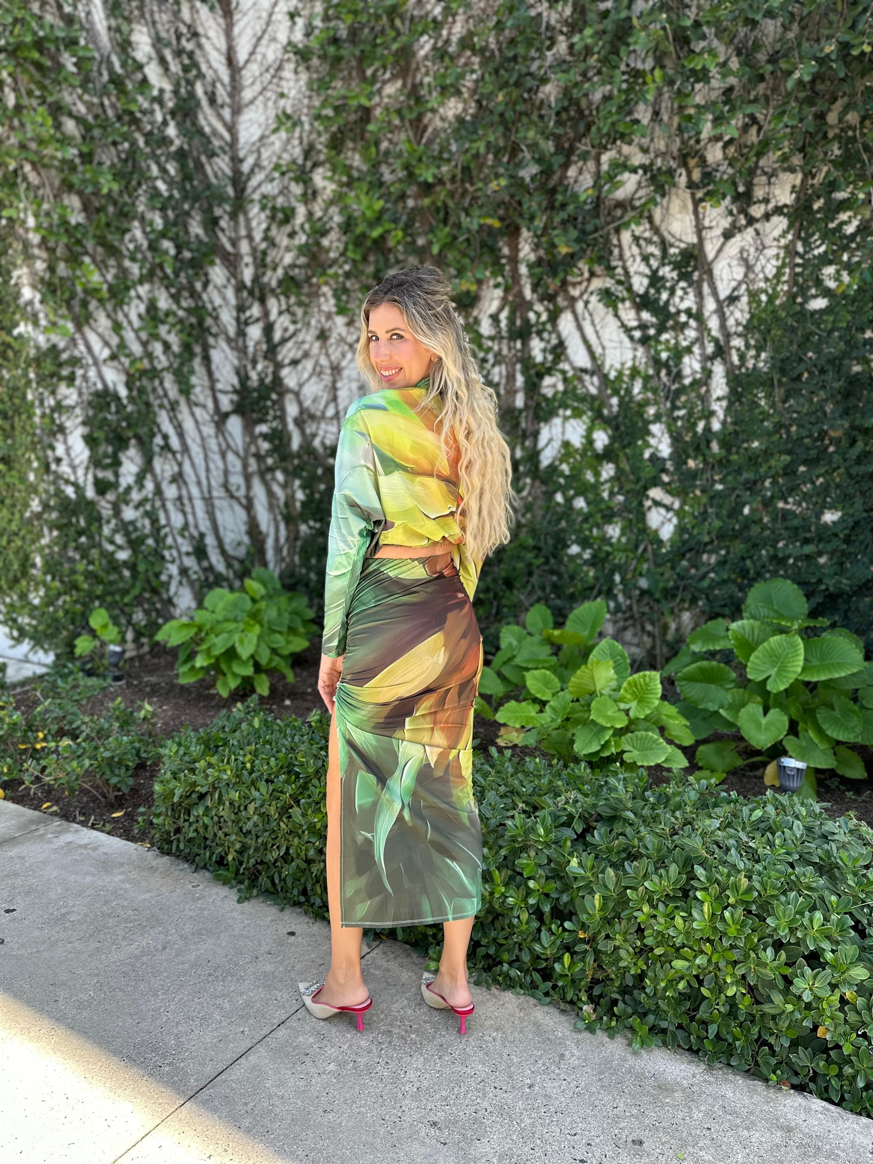 Printed Crop Top & Slit Skirt Set