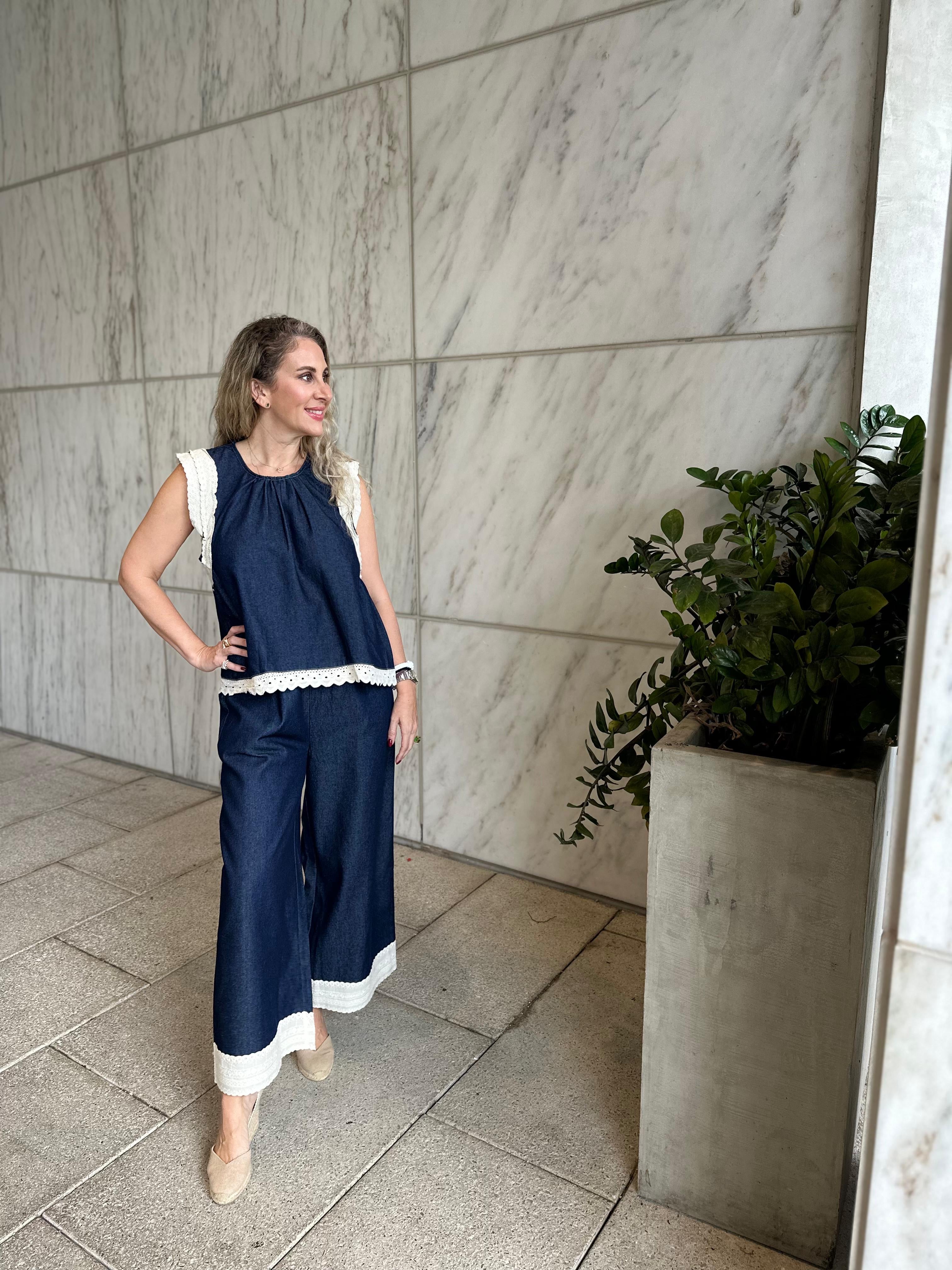 Sleeveless Top & Lace Trim Pant Set