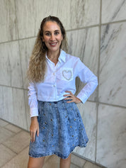 Pleated Grommet Denim Skirt