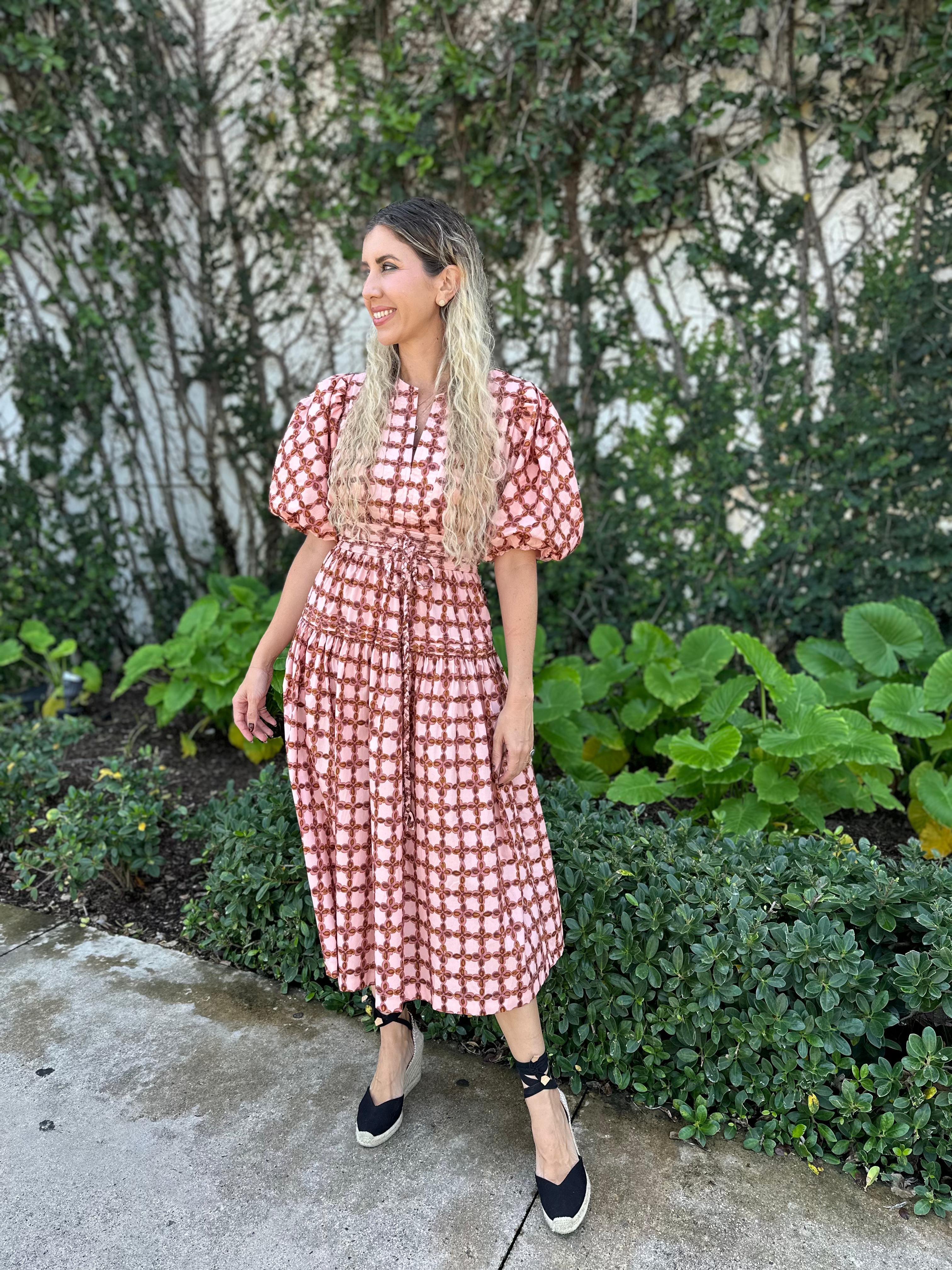Printed Puff Sleeve Midi Dress