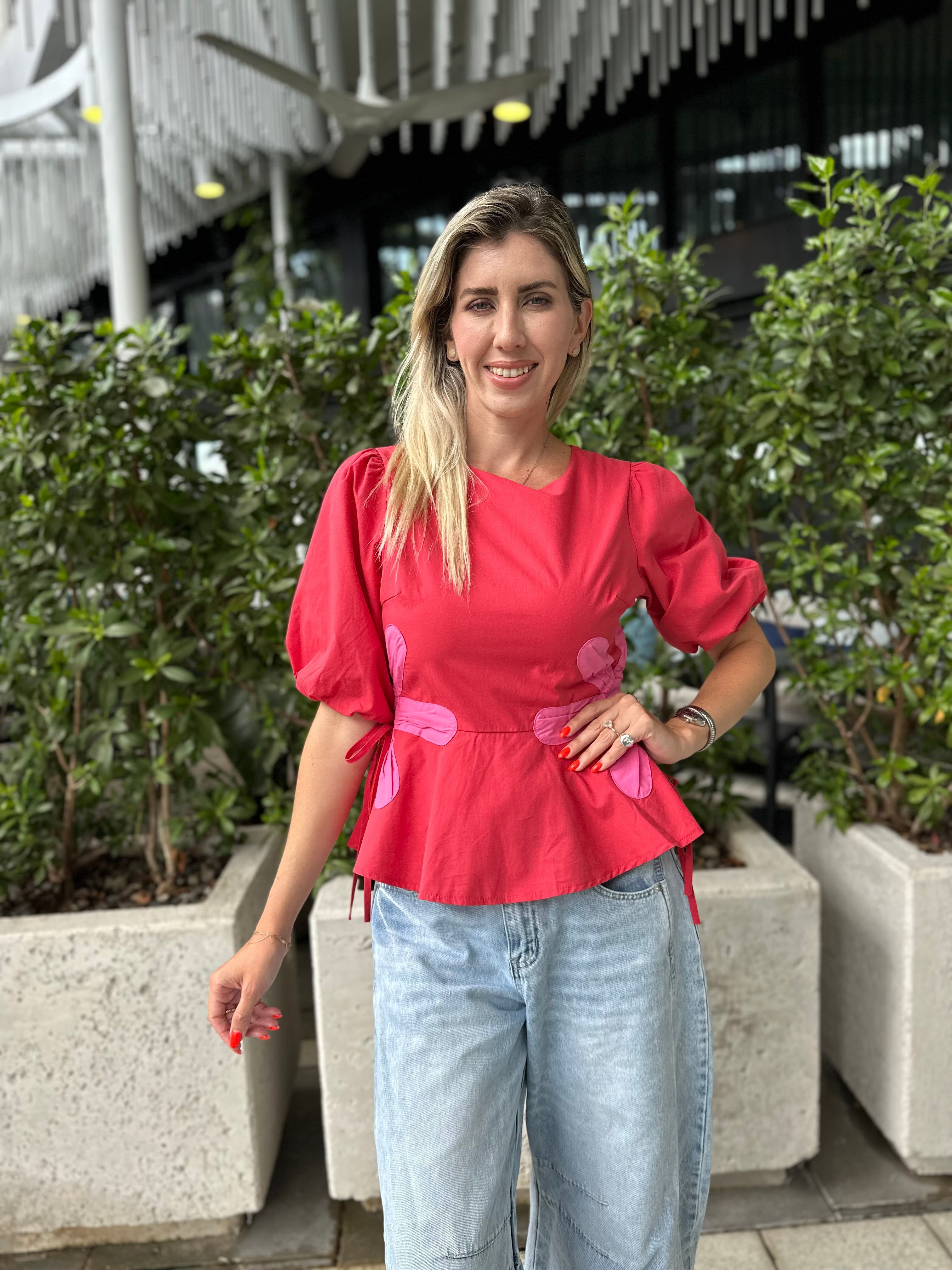 Floral Color-Block Poplin Top