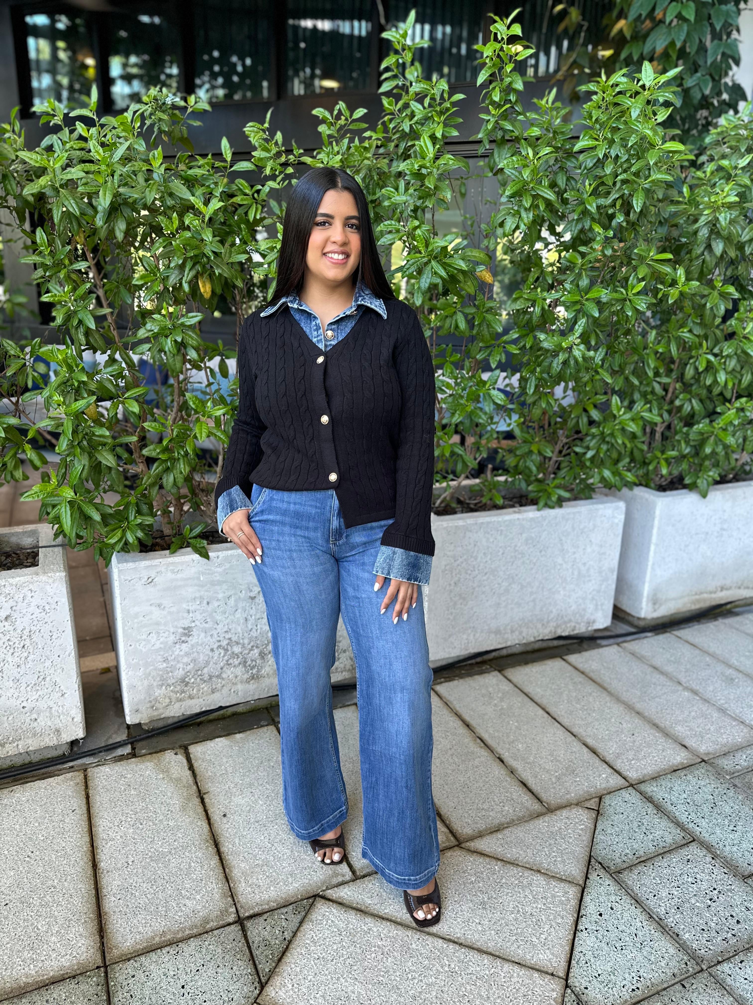 Contrast Denim Knit Cardigan