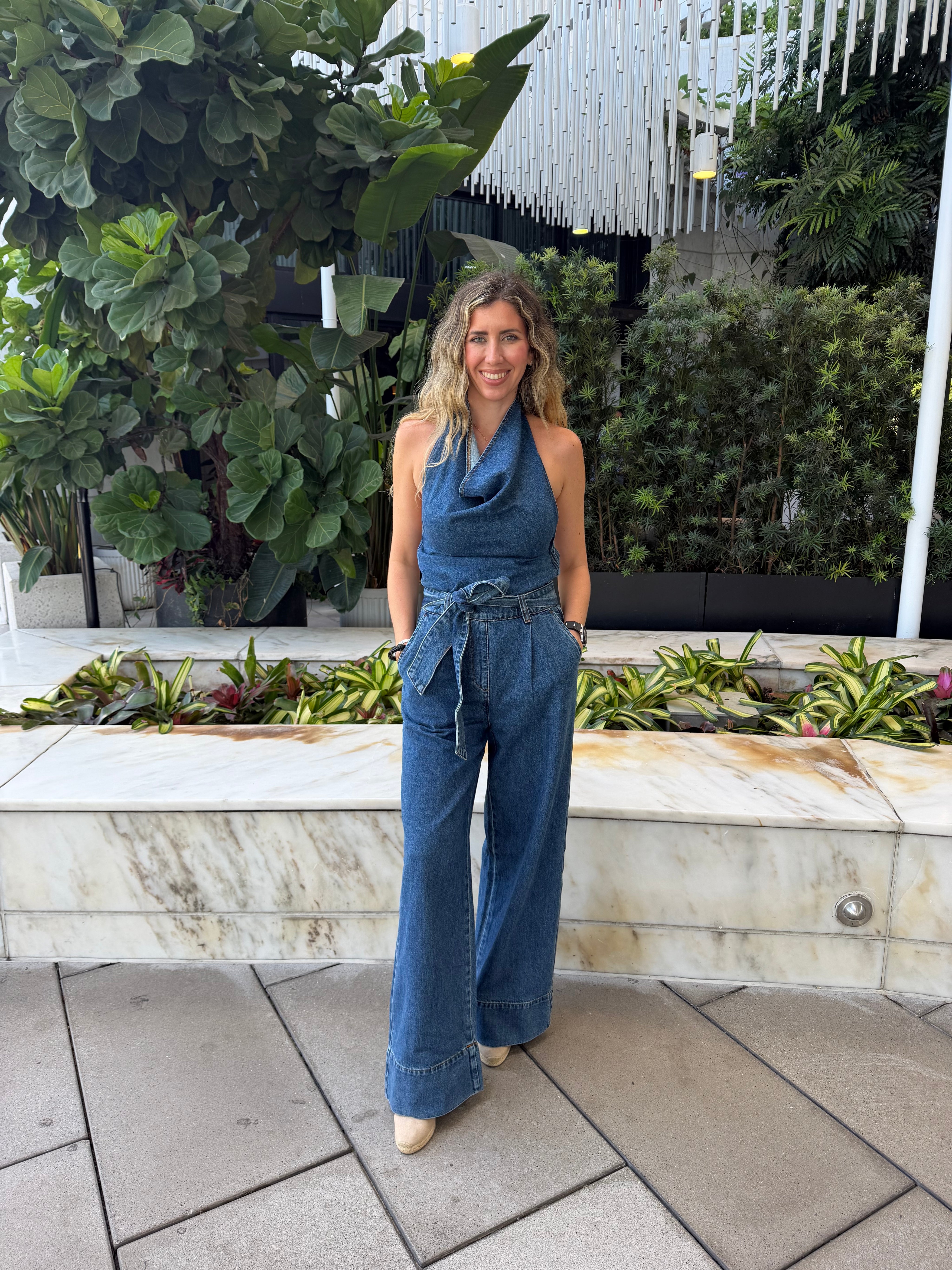 Open Back Halter Denim Jumpsuit