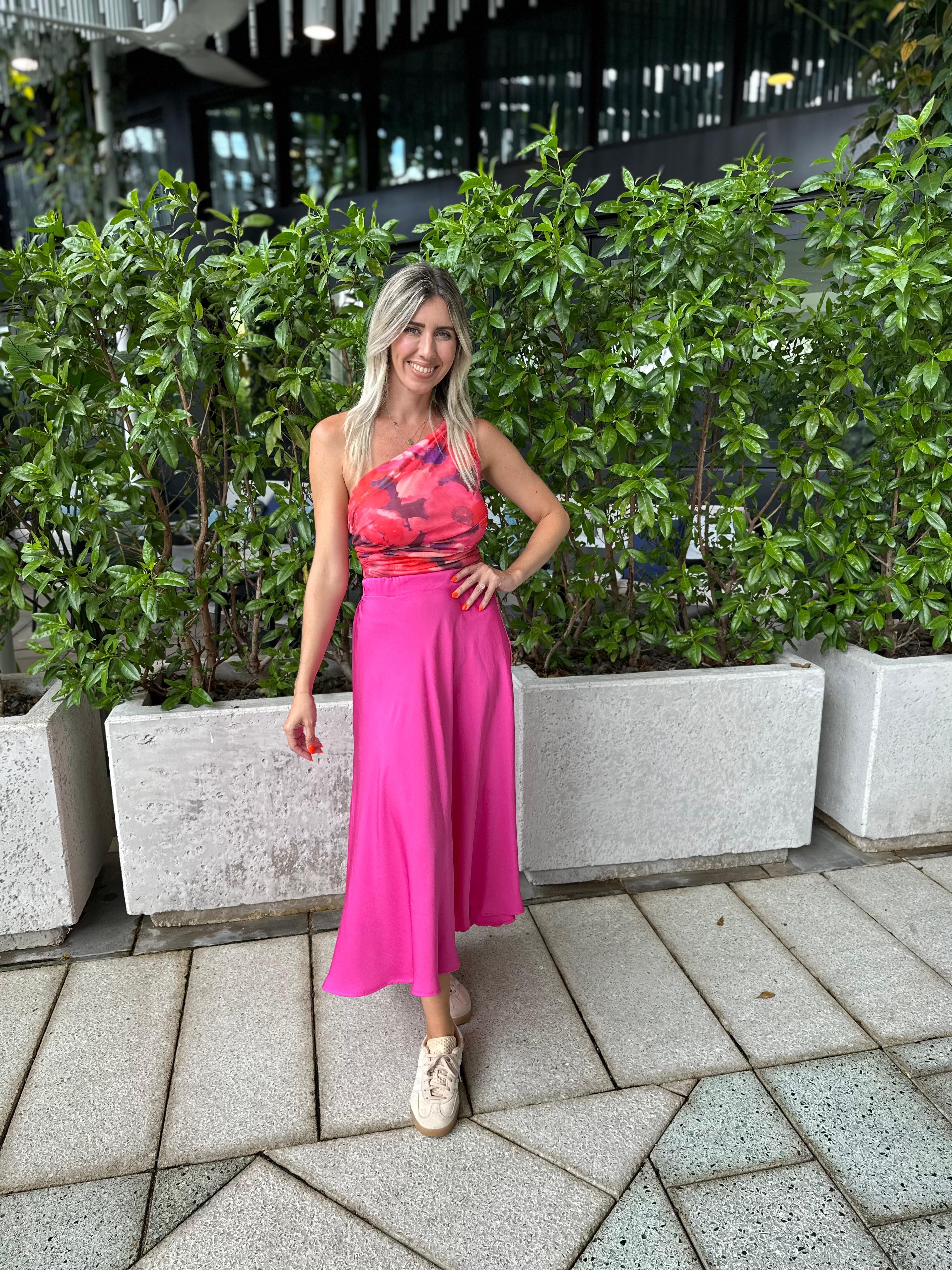 Washed Poly Silk Midi Skirt