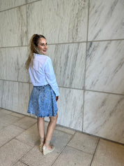 Pleated Grommet Denim Skirt