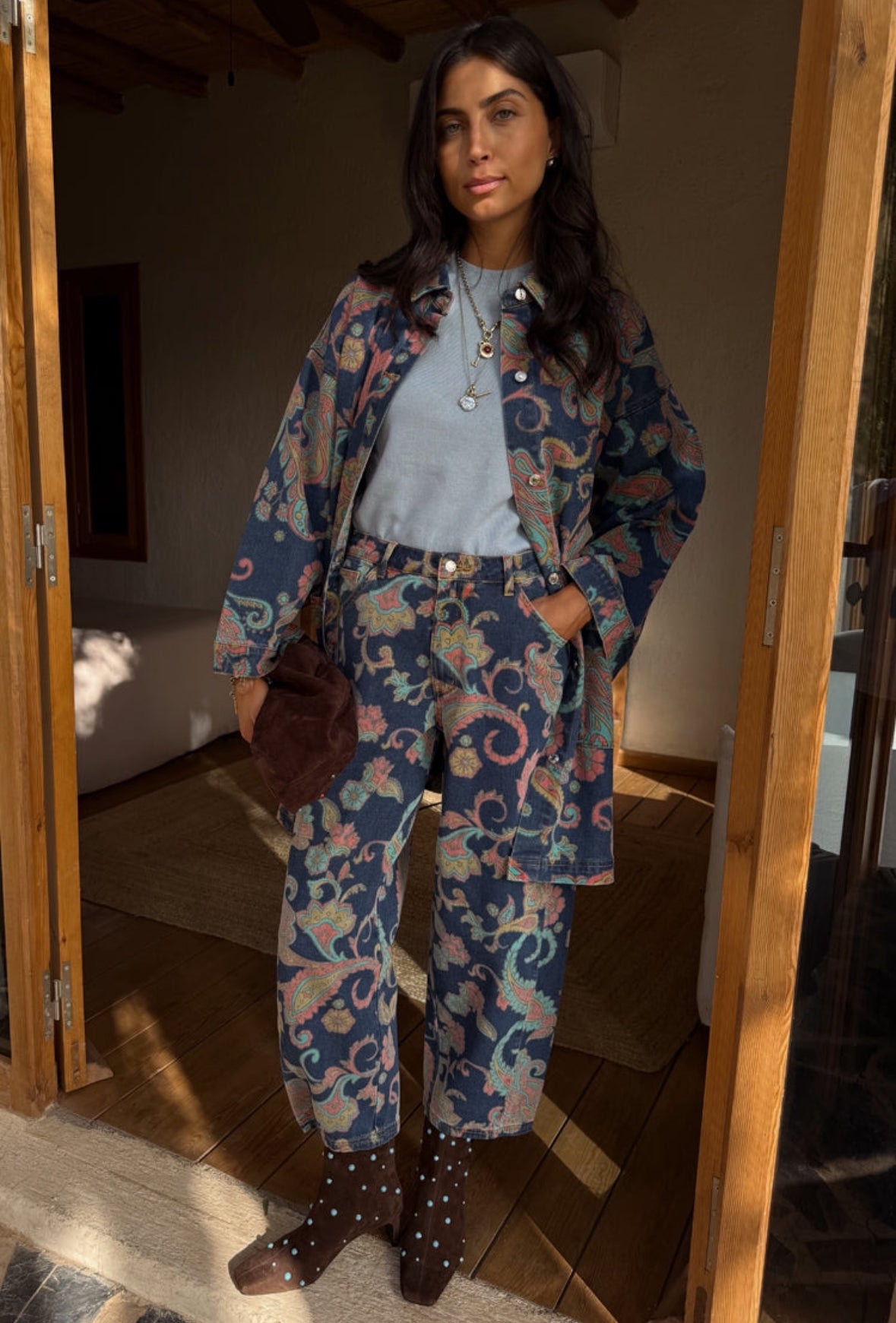 Denim Paisley Barrel Leg Jeans