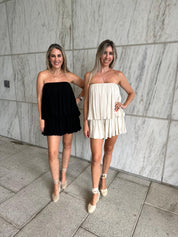 Strapless Flare Tiered Romper