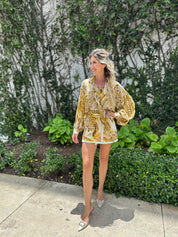 Tie Neck Printed Long Slv Top Set