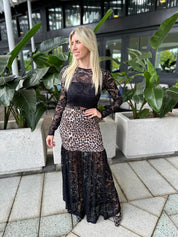 Animal Contrast Lace Long Skirt
