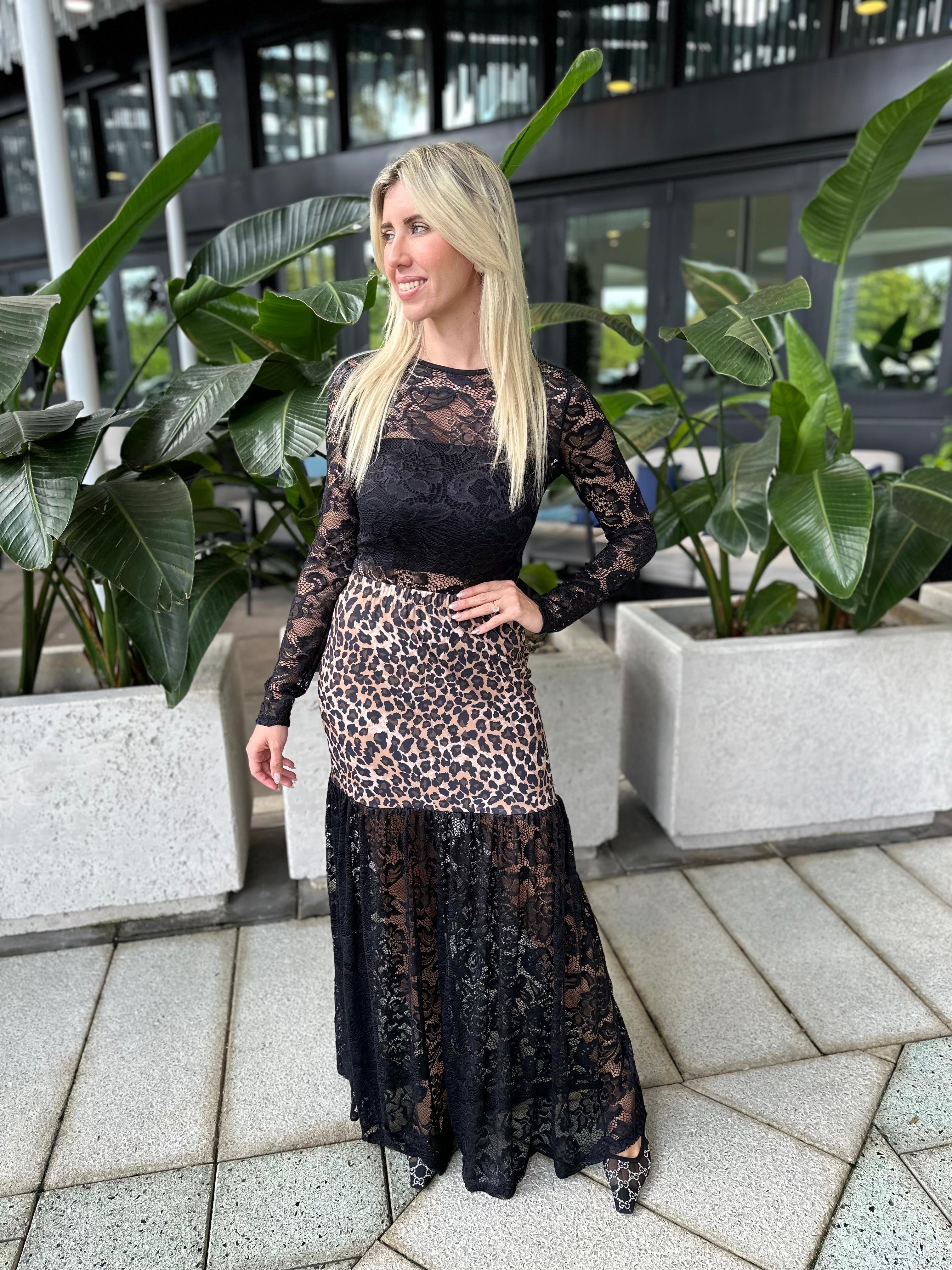 Animal Contrast Lace Long Skirt