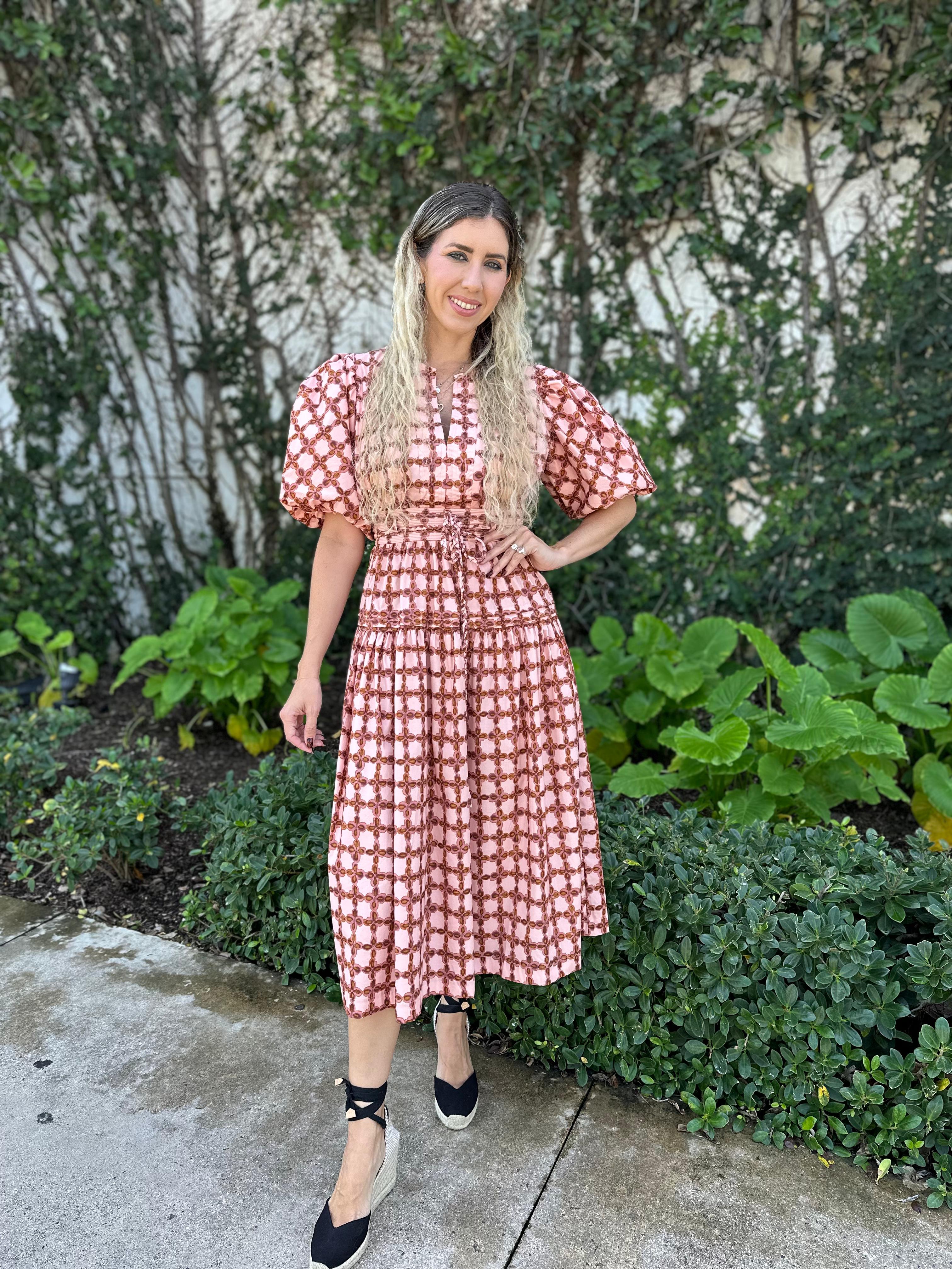Printed Puff Sleeve Midi Dress