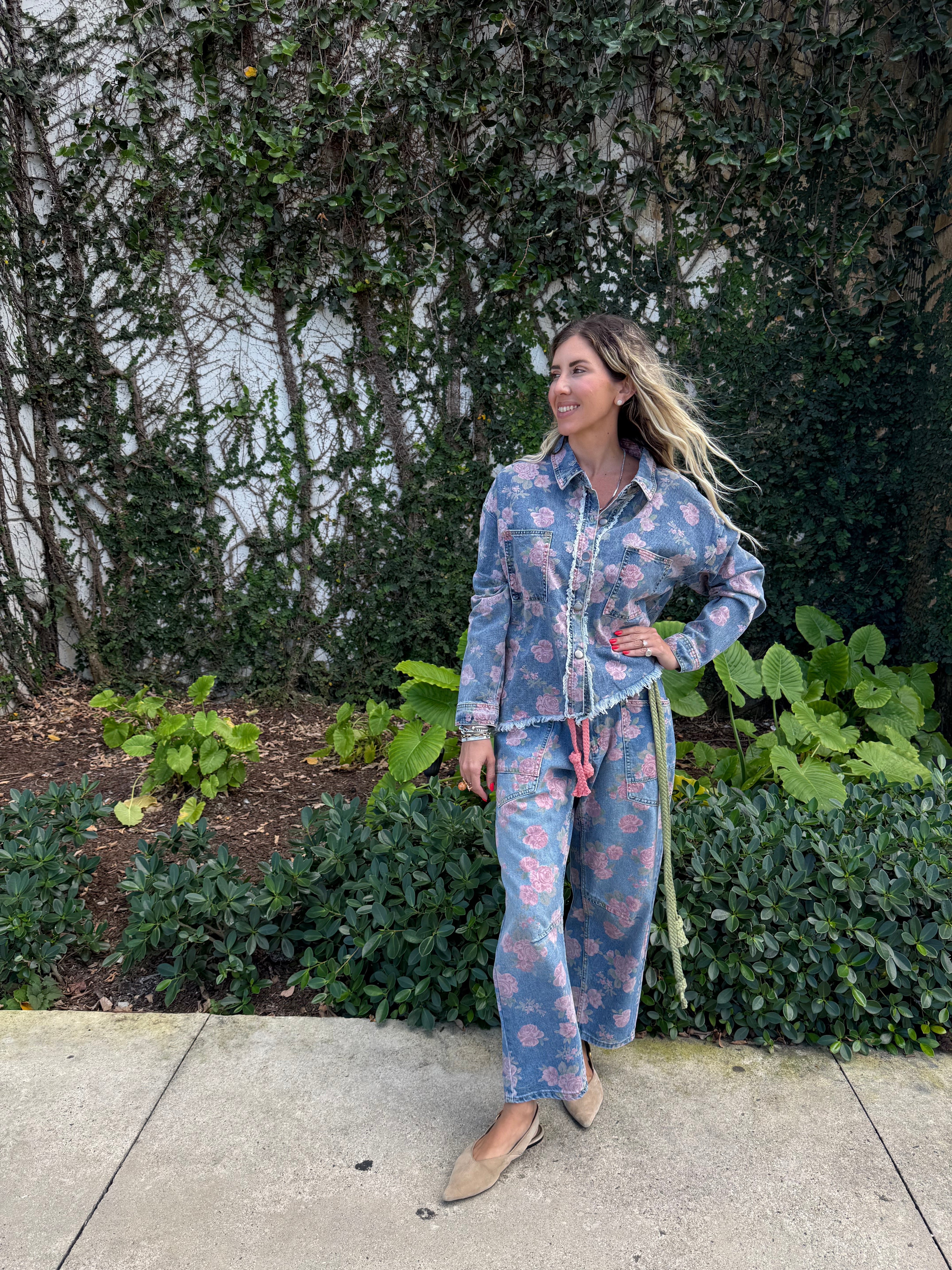 Floral Asymmetrical Denim Shirt