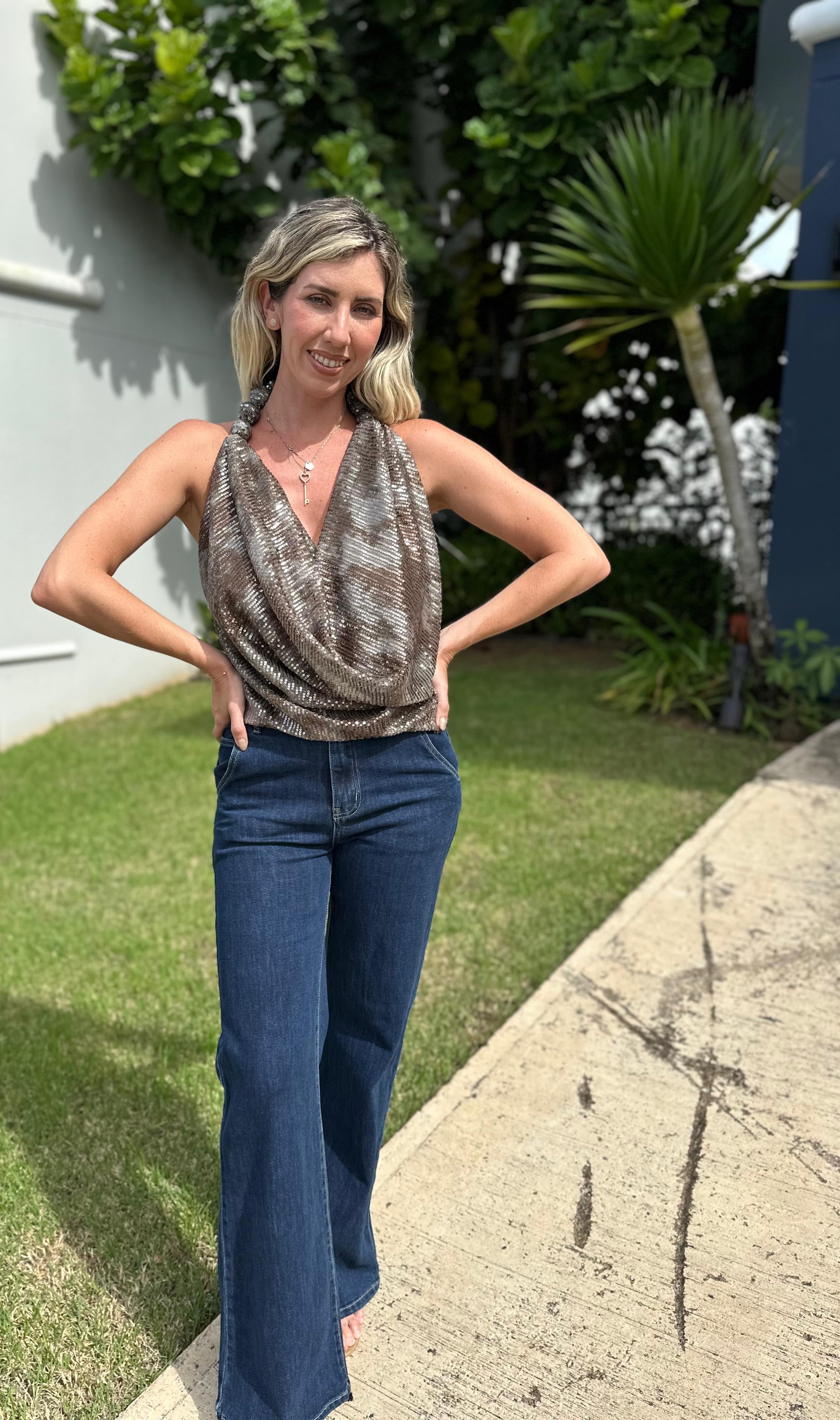 Beaded Sequins Cowl Top