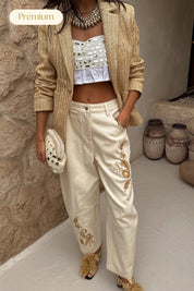 Ecru Raffia Palma Barrel Leg Jeans