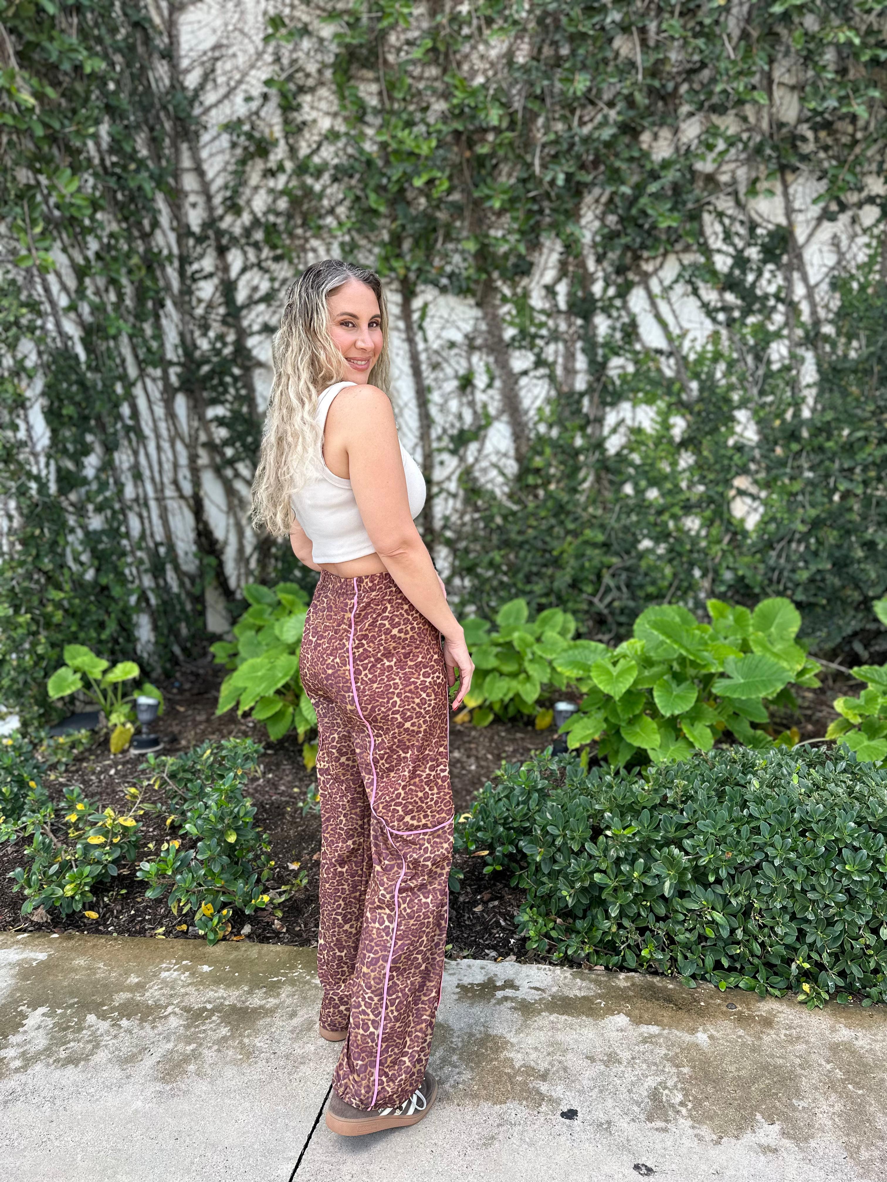 Leopard Print Nylon Track Pants