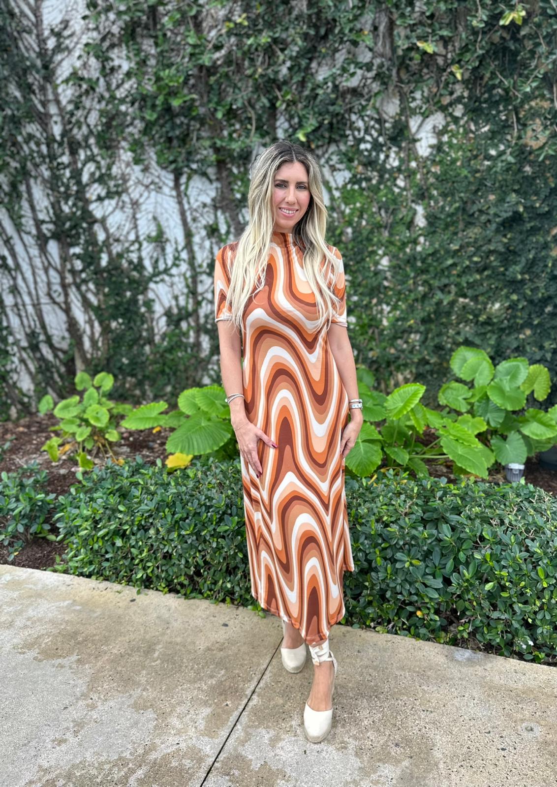 High Neck Short Sleeve Midi Dress