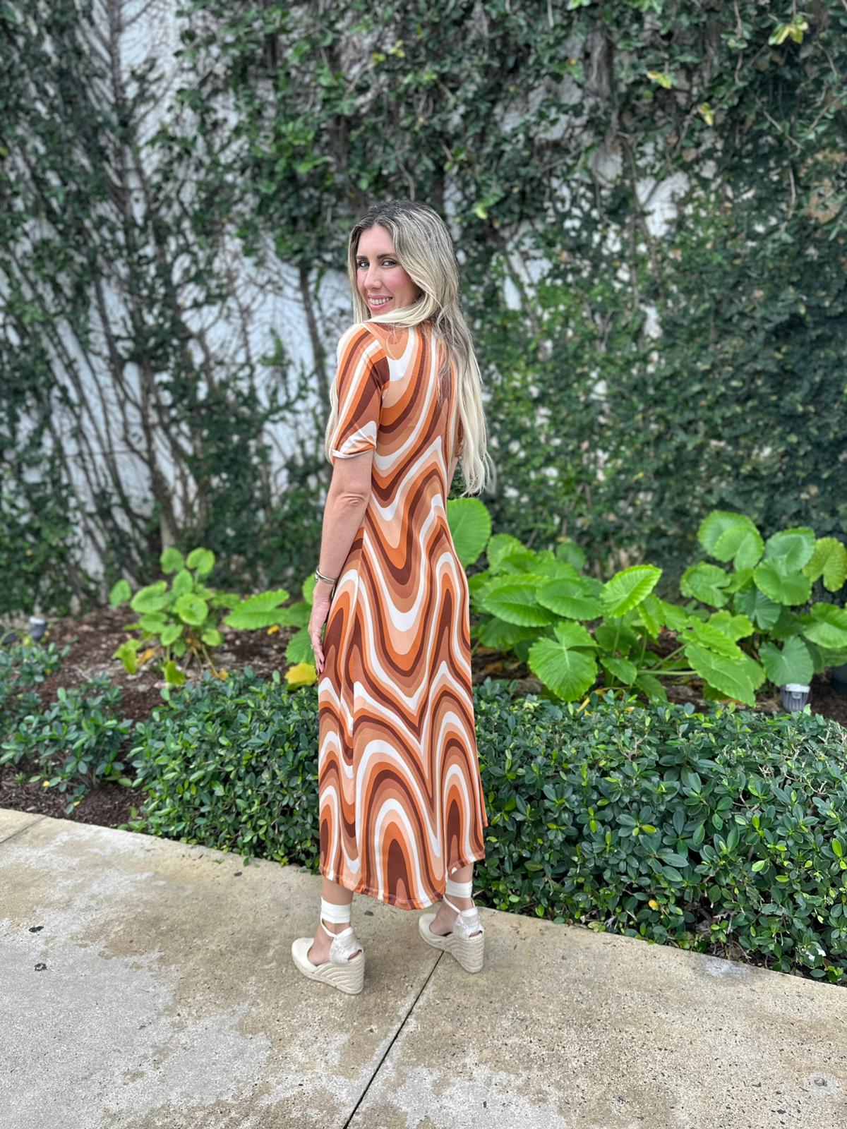 High Neck Short Sleeve Midi Dress