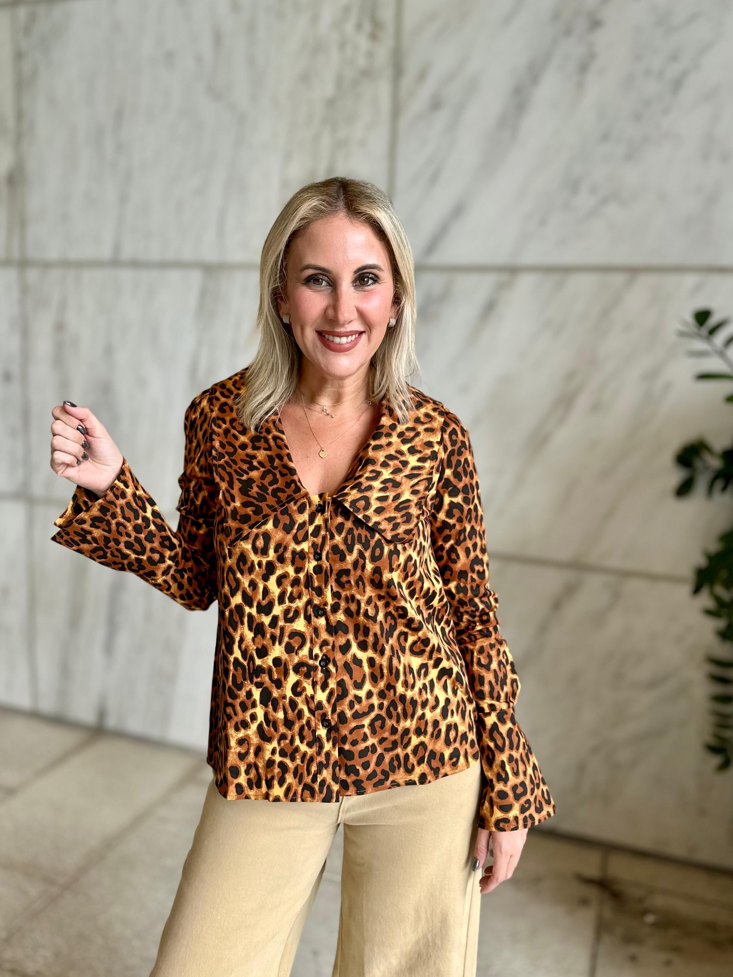 V Collar Neck Animal Print Top