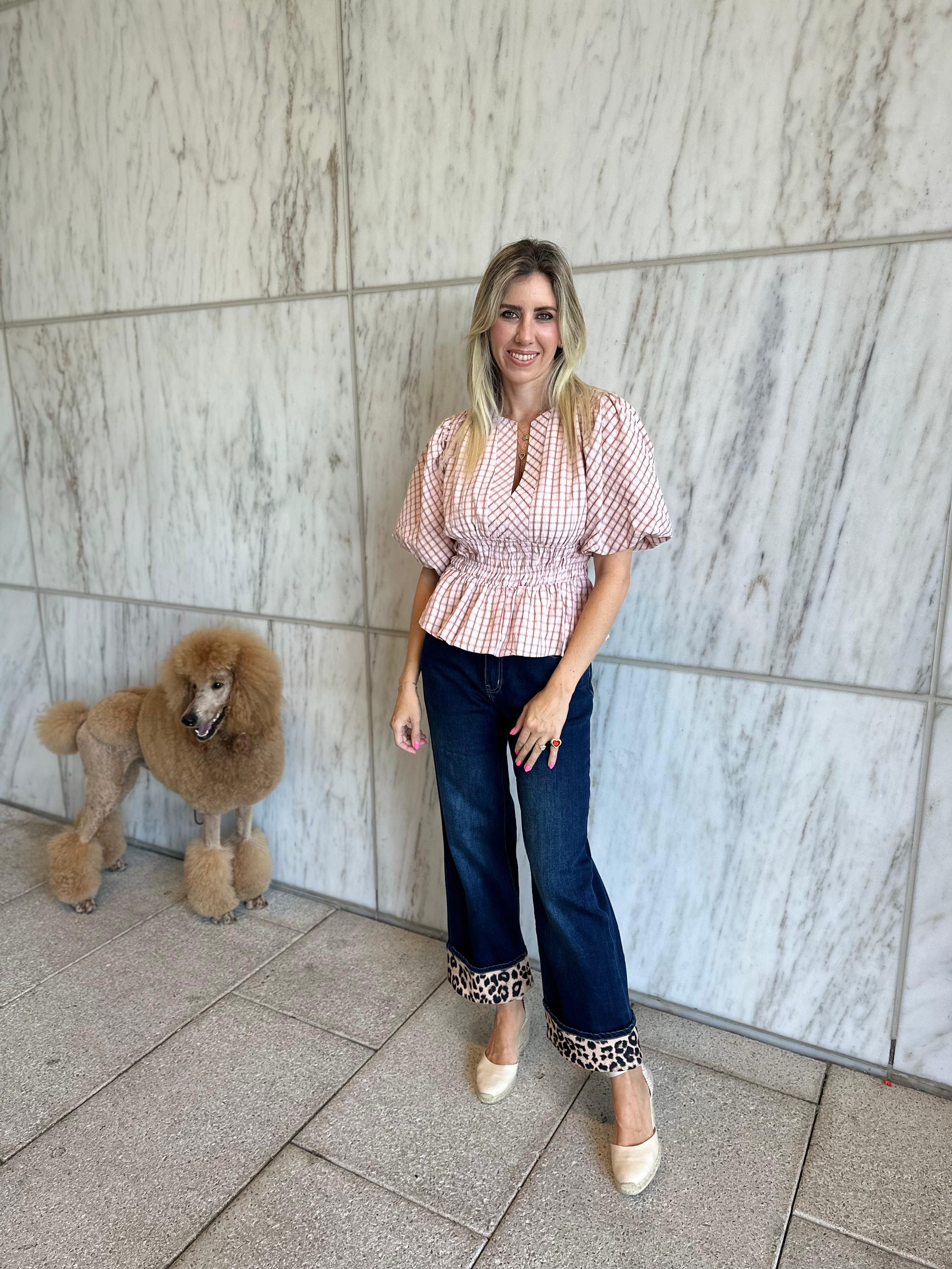 Checkered Puff Sleeve Blouse
