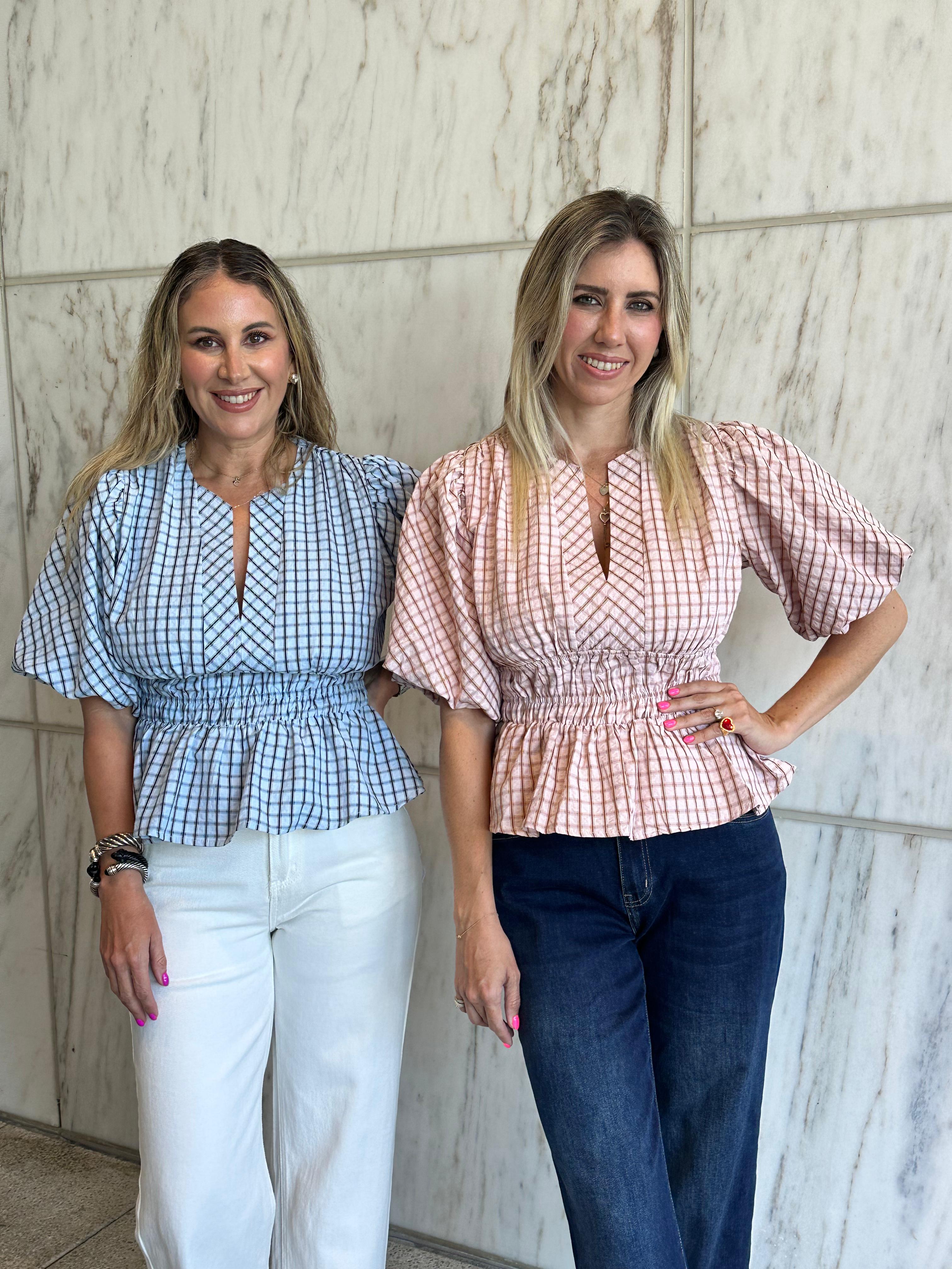 Checkered Puff Sleeve Blouse