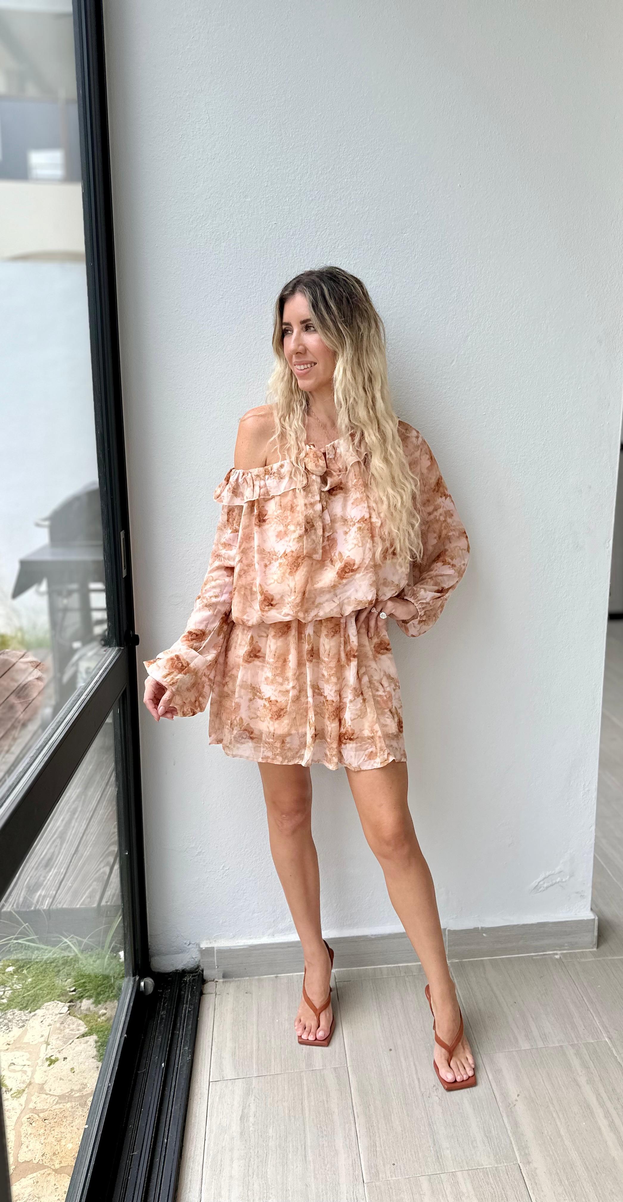 Long Slv Elastic Waist Mini Dress