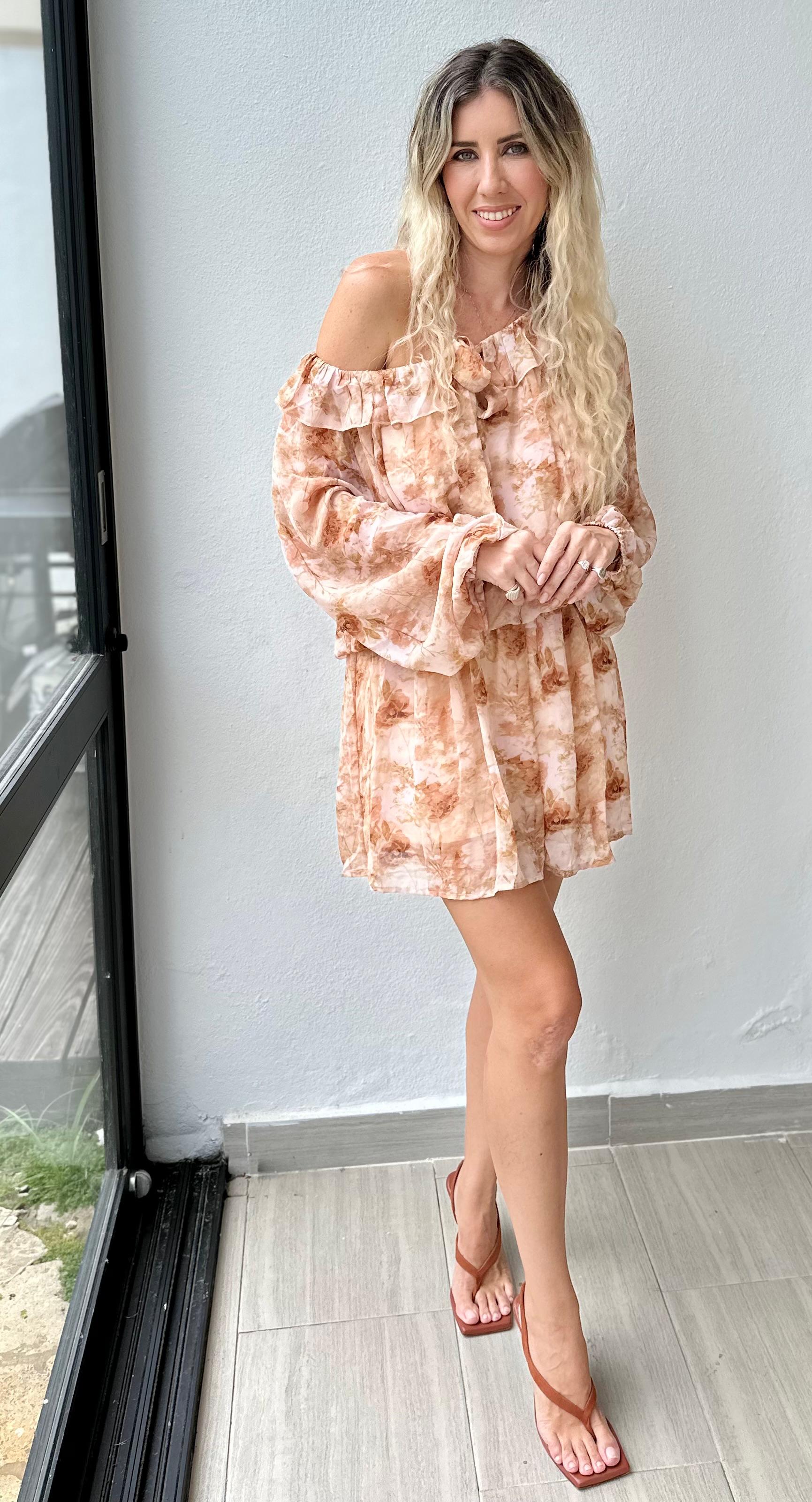 Long Slv Elastic Waist Mini Dress
