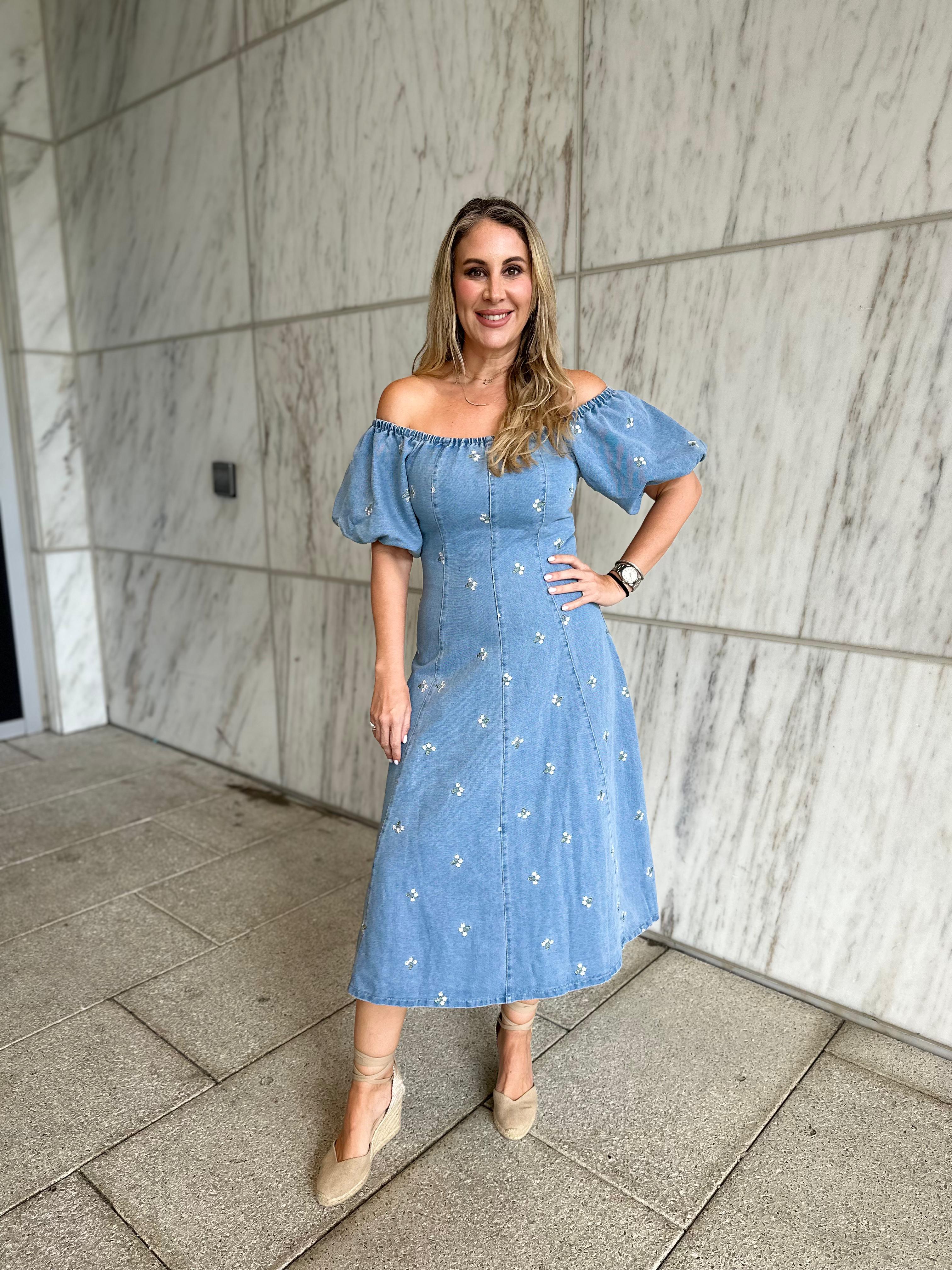 Denim Puff Slv Midi Dress