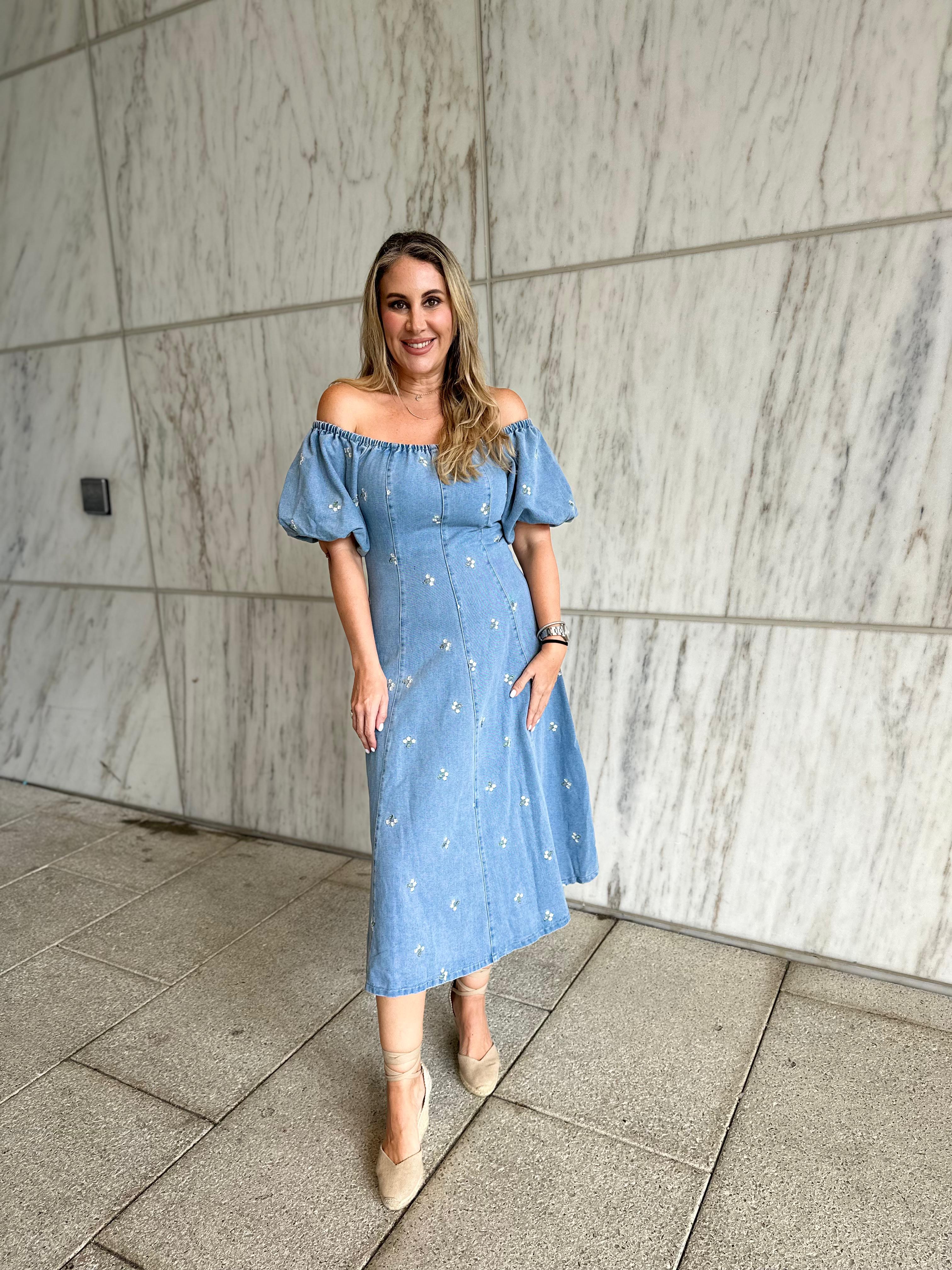 Denim Puff Slv Midi Dress