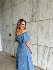 Denim Puff Slv Midi Dress