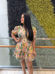 Multi Ower Printed Sleeve Belt Mini Dress