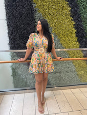 Multi Ower Printed Sleeve Belt Mini Dress