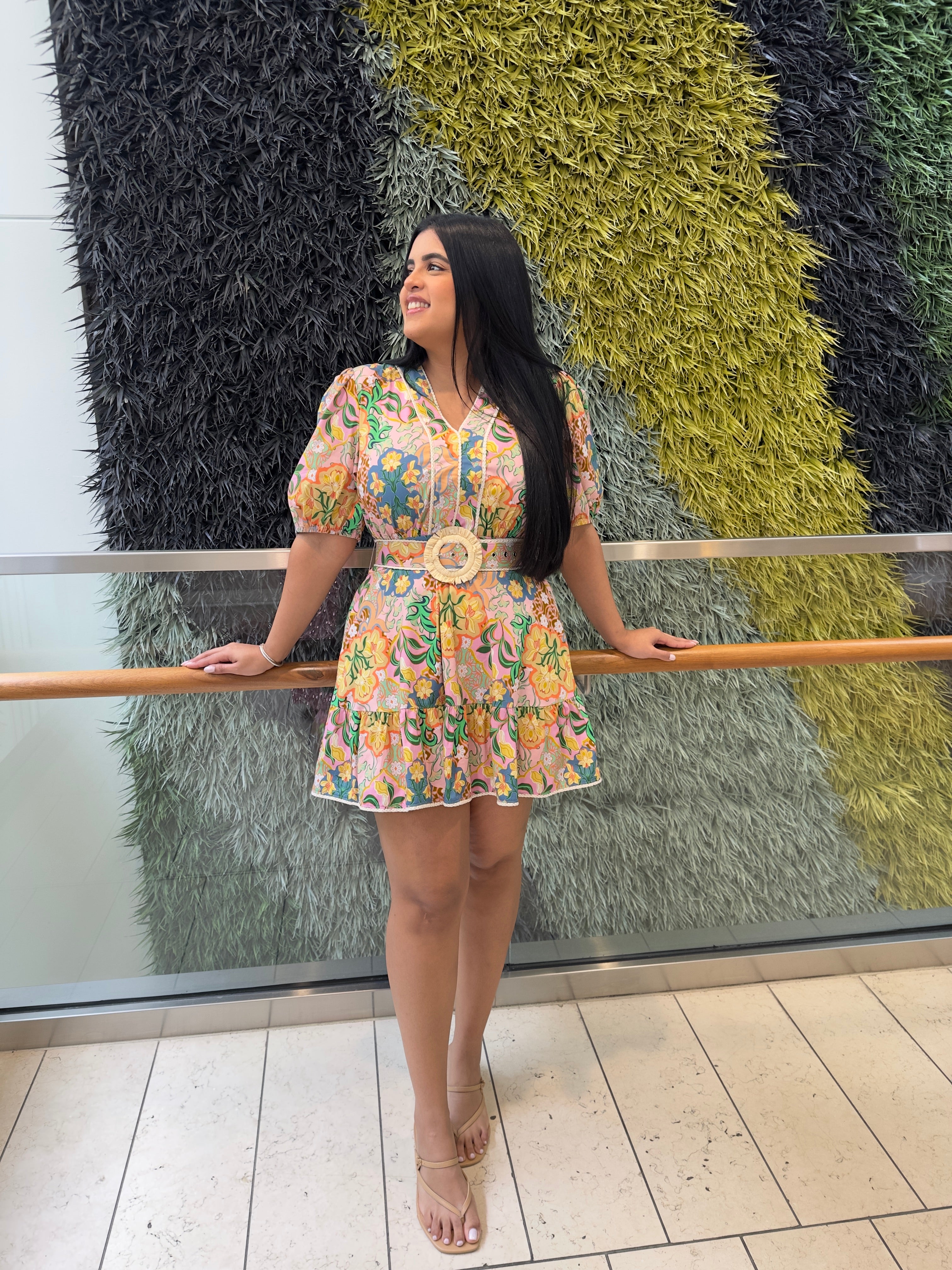 Multi Ower Printed Sleeve Belt Mini Dress