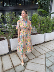 Multi Ower Print Sleeve Midi Dress