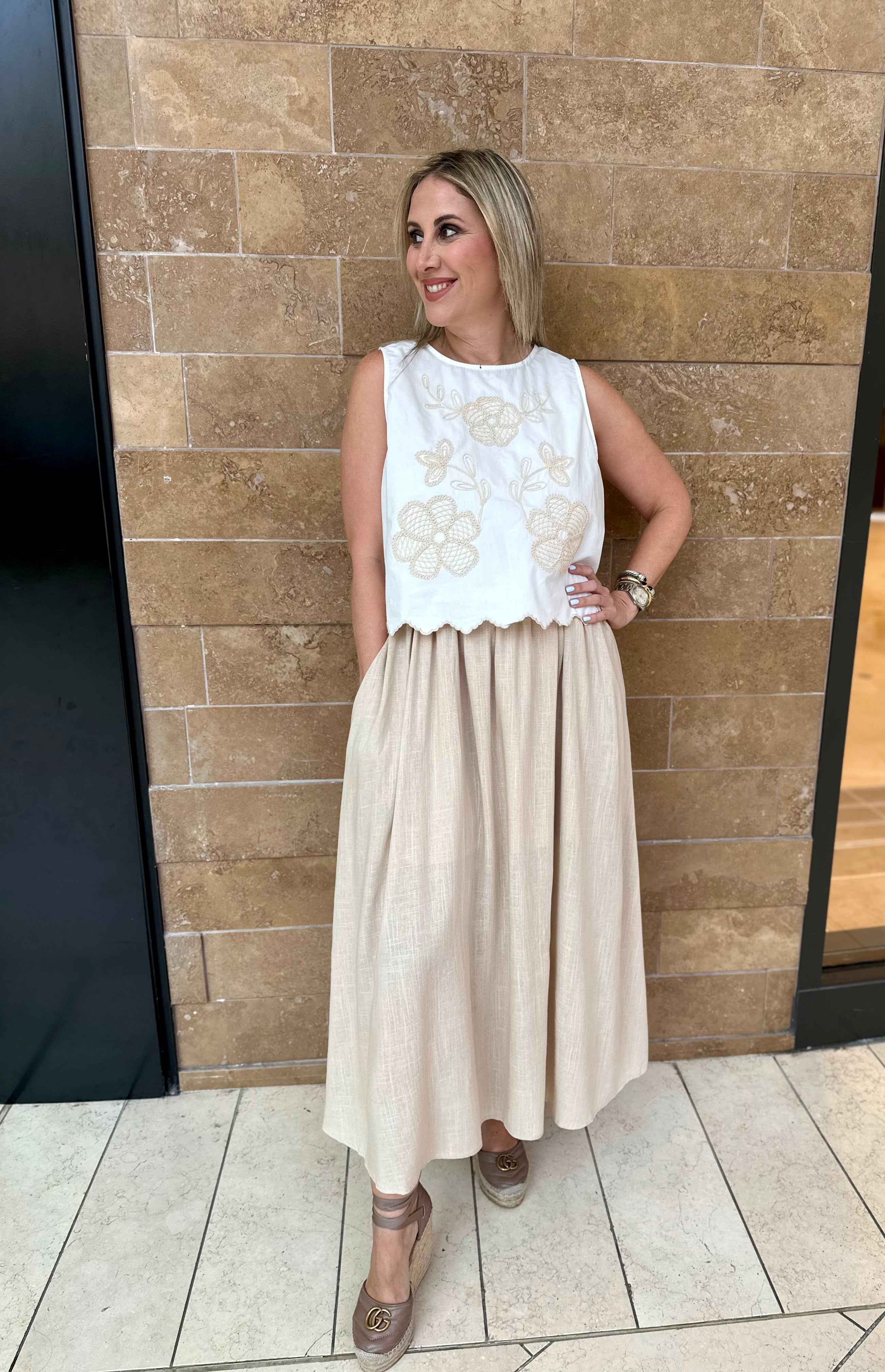Embroidered Sleeveless Linen Maxi Dress