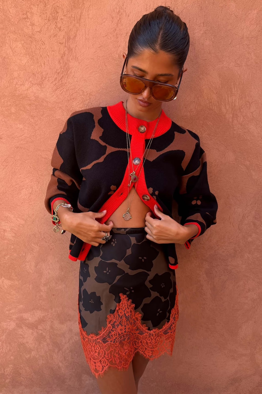 Tan Jaden Floral Jacquard Cardigan