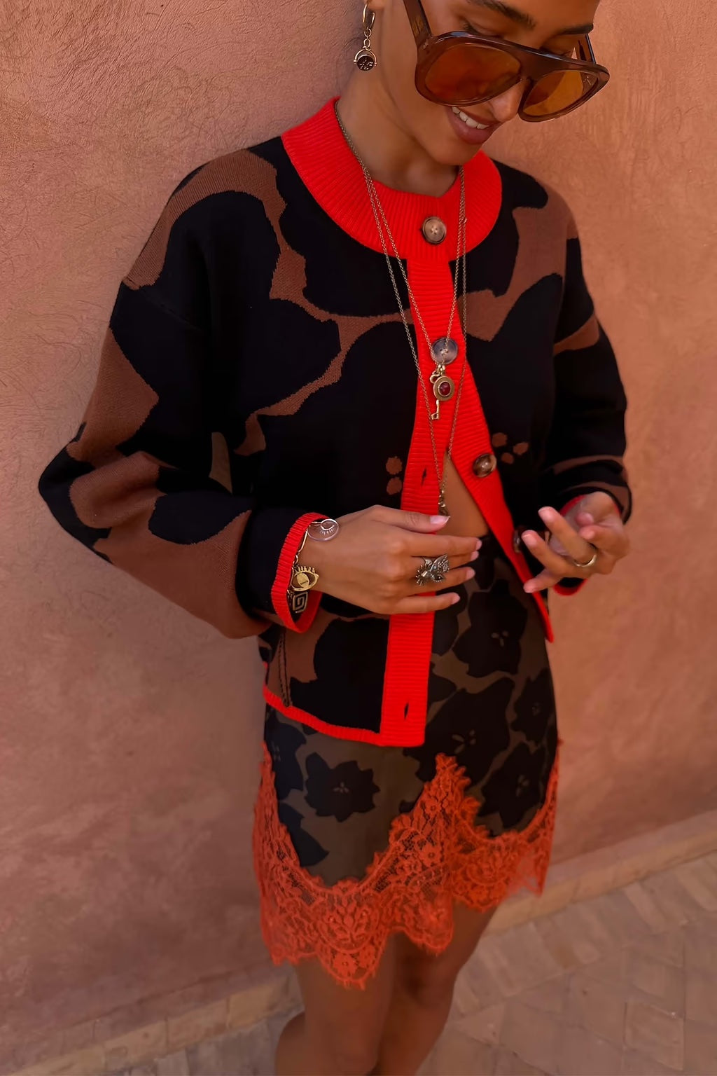 Tan Jaden Floral Jacquard Cardigan