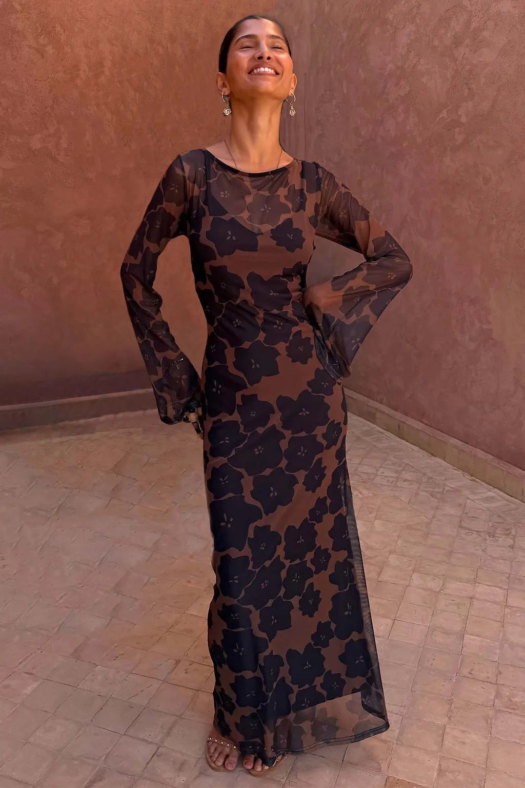 Tan Jaden Floral Mesh Dress