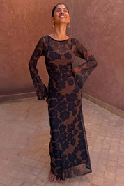 Tan Jaden Floral Mesh Dress