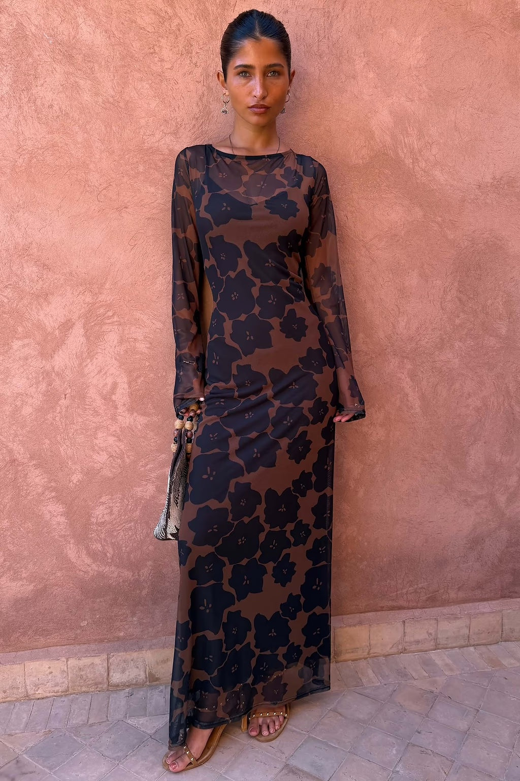 Tan Jaden Floral Mesh Dress