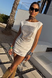 White Sequin Ruched Dress