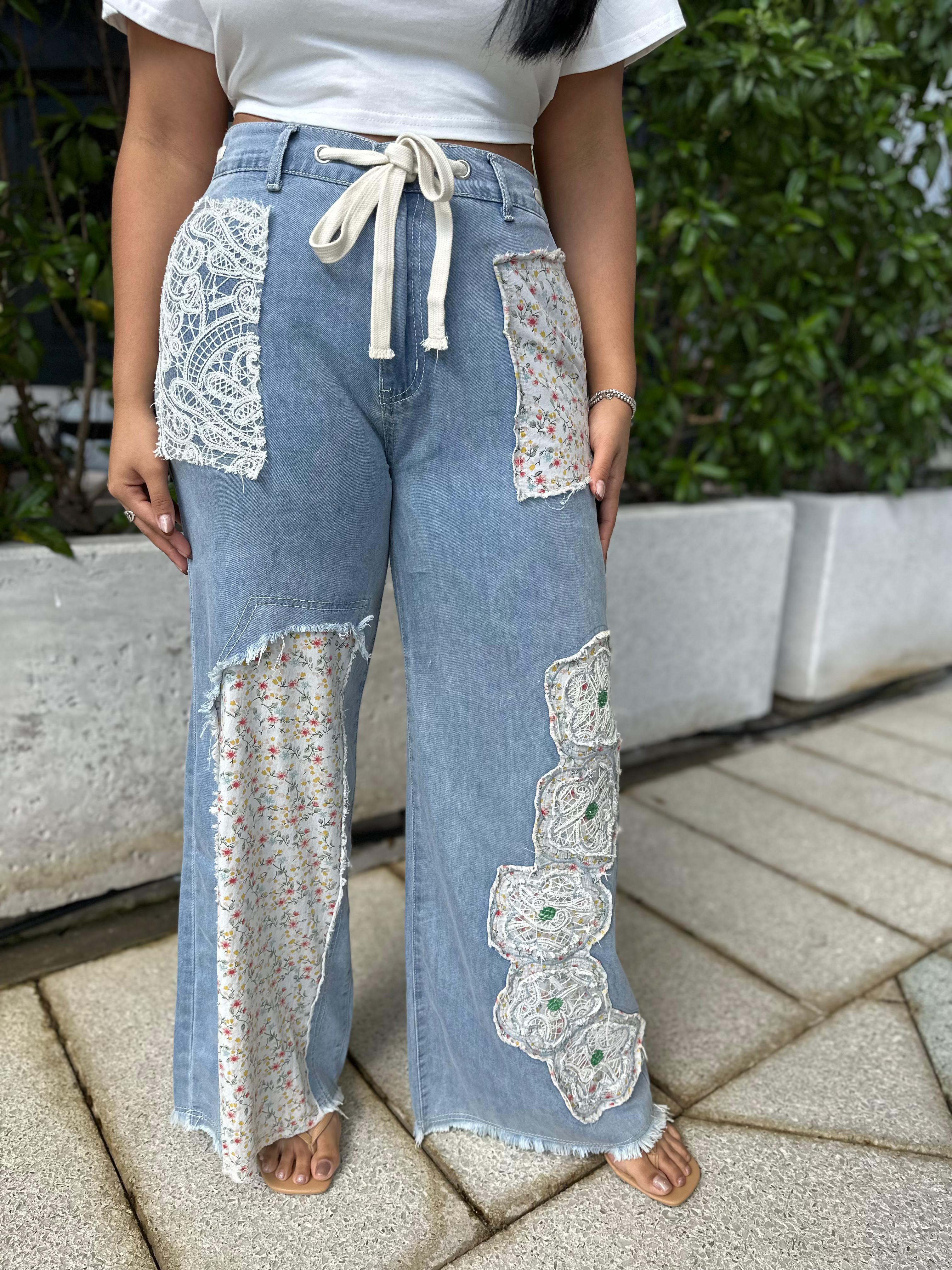 Floral Patches Denim Pants