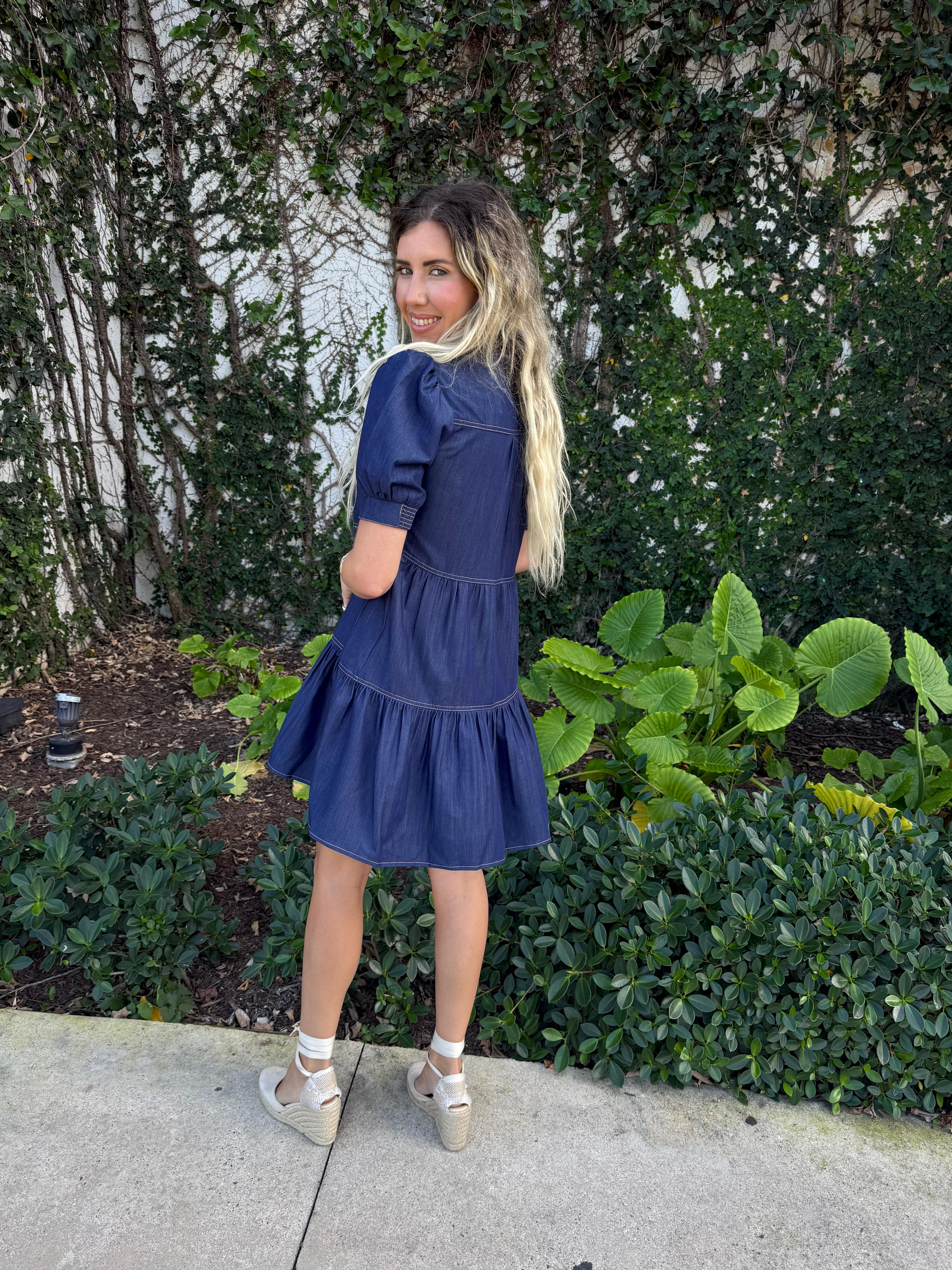 Split Neck Tiered Mini Dress