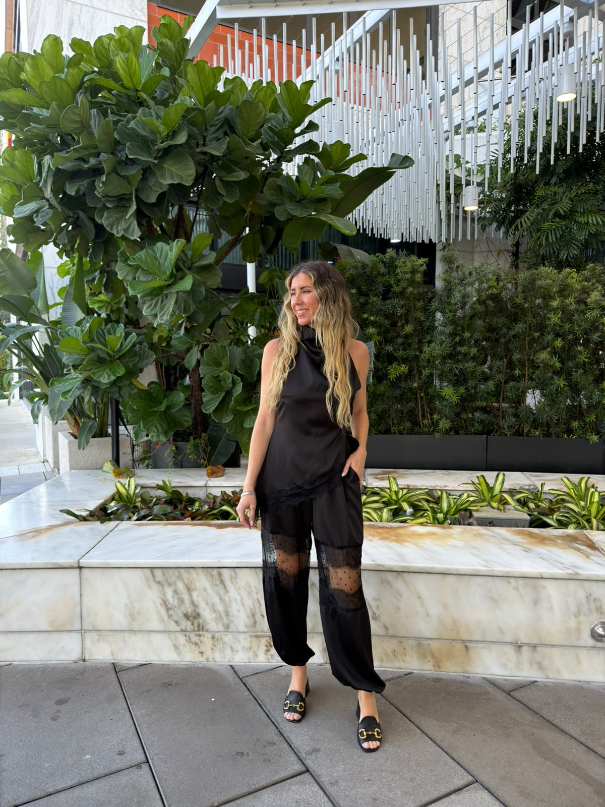 Cowl Neck Satin Top With Lace