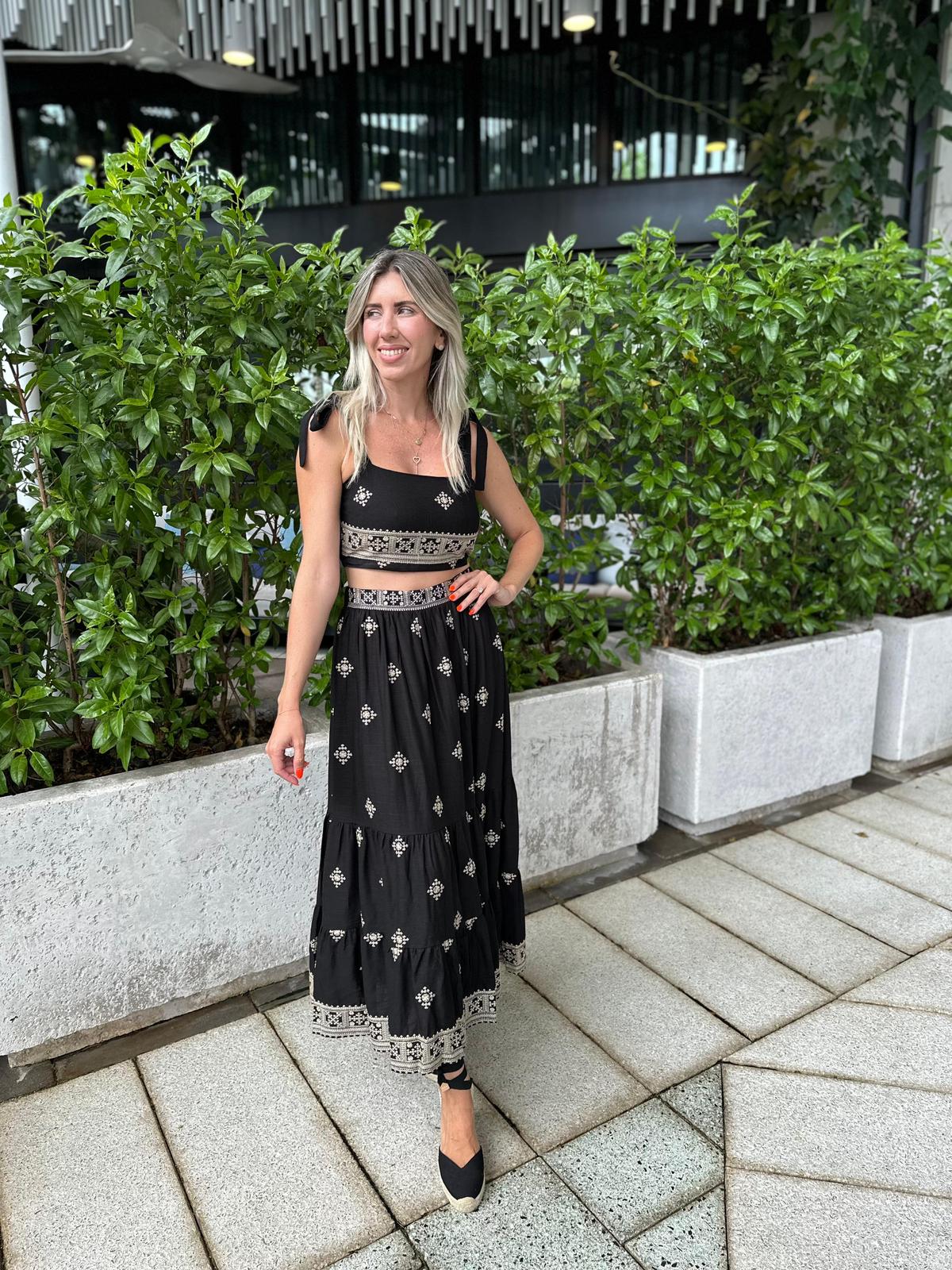 Embroidered Top & Midi Skirt Set