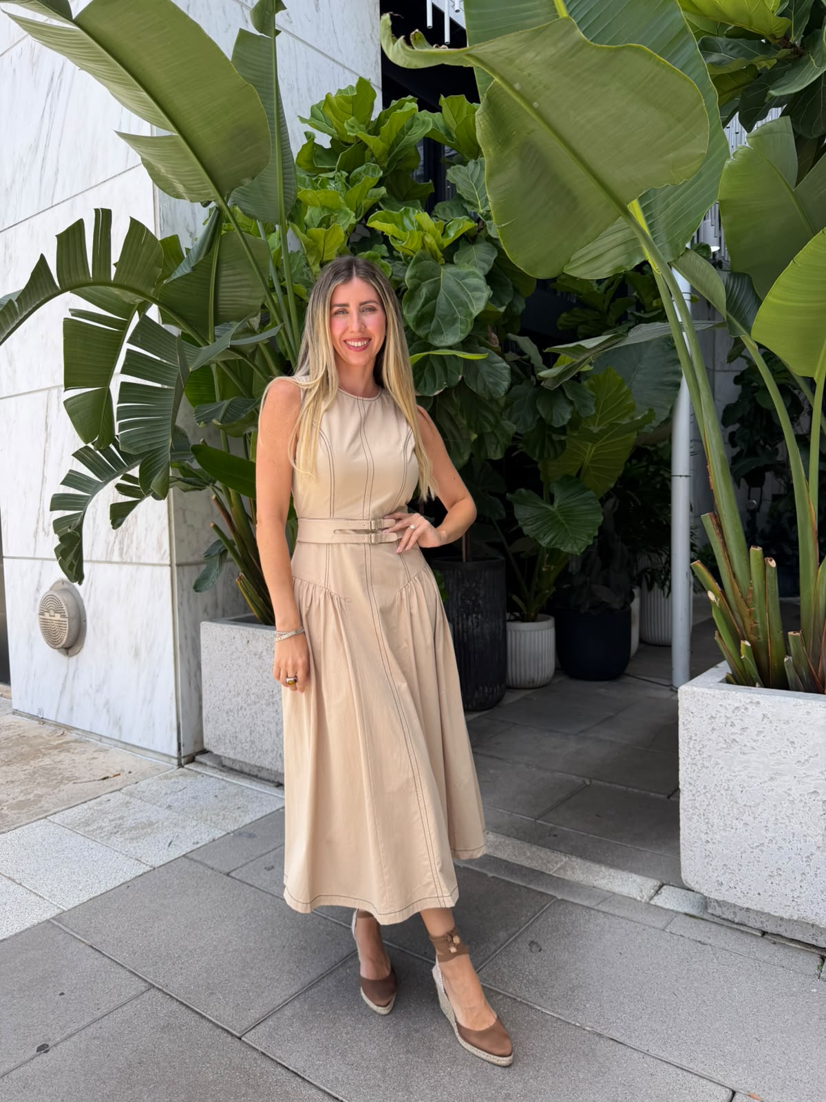 Top-Stitch Buckle Poplin Midi Dress