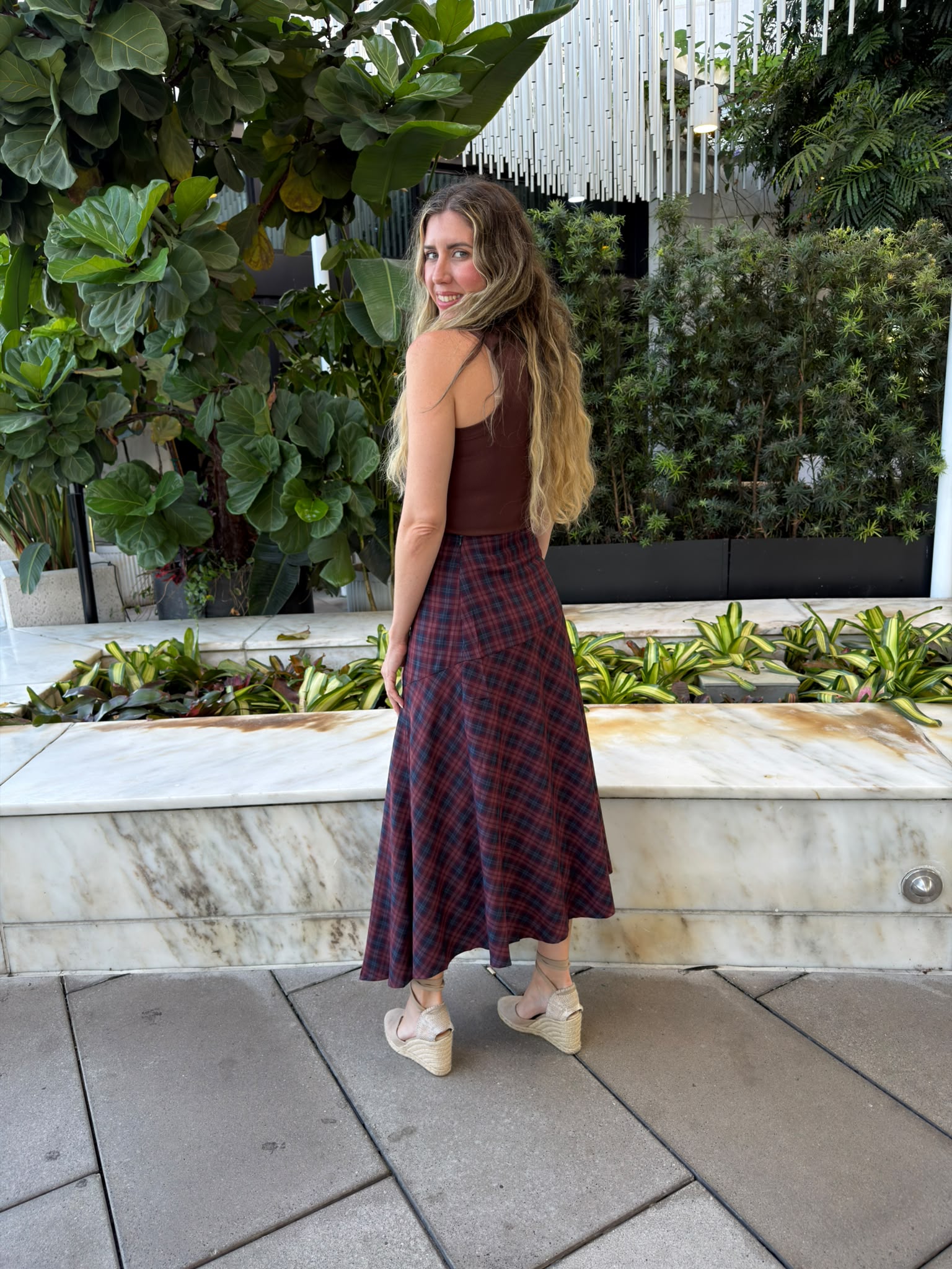 Check Asymmetric Midi Skirt