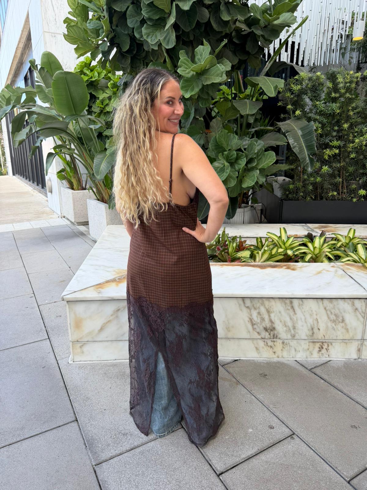 Plaid Slip Maxi With Lace