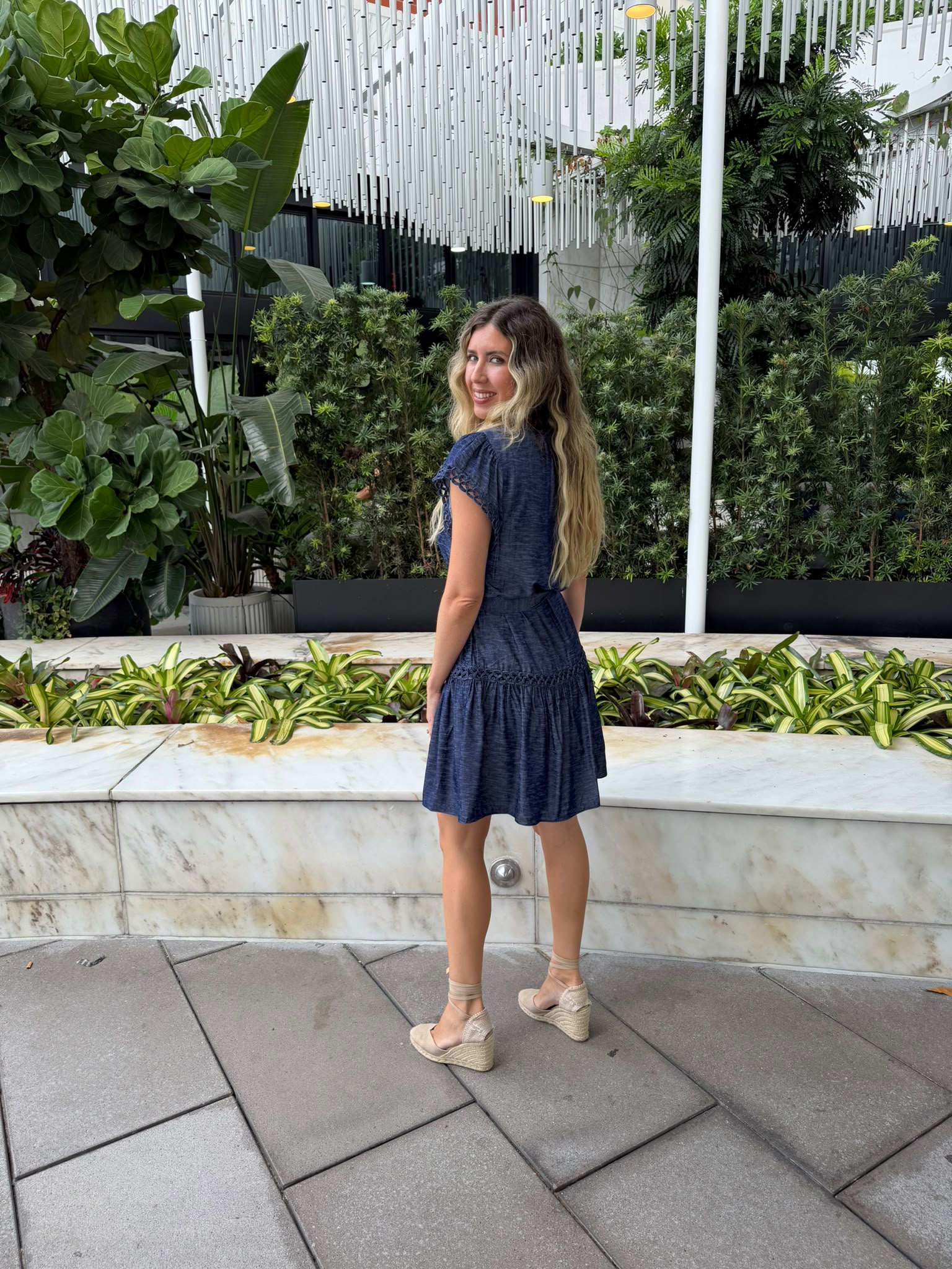 Embroidery Detail Split Neck Mini Dress