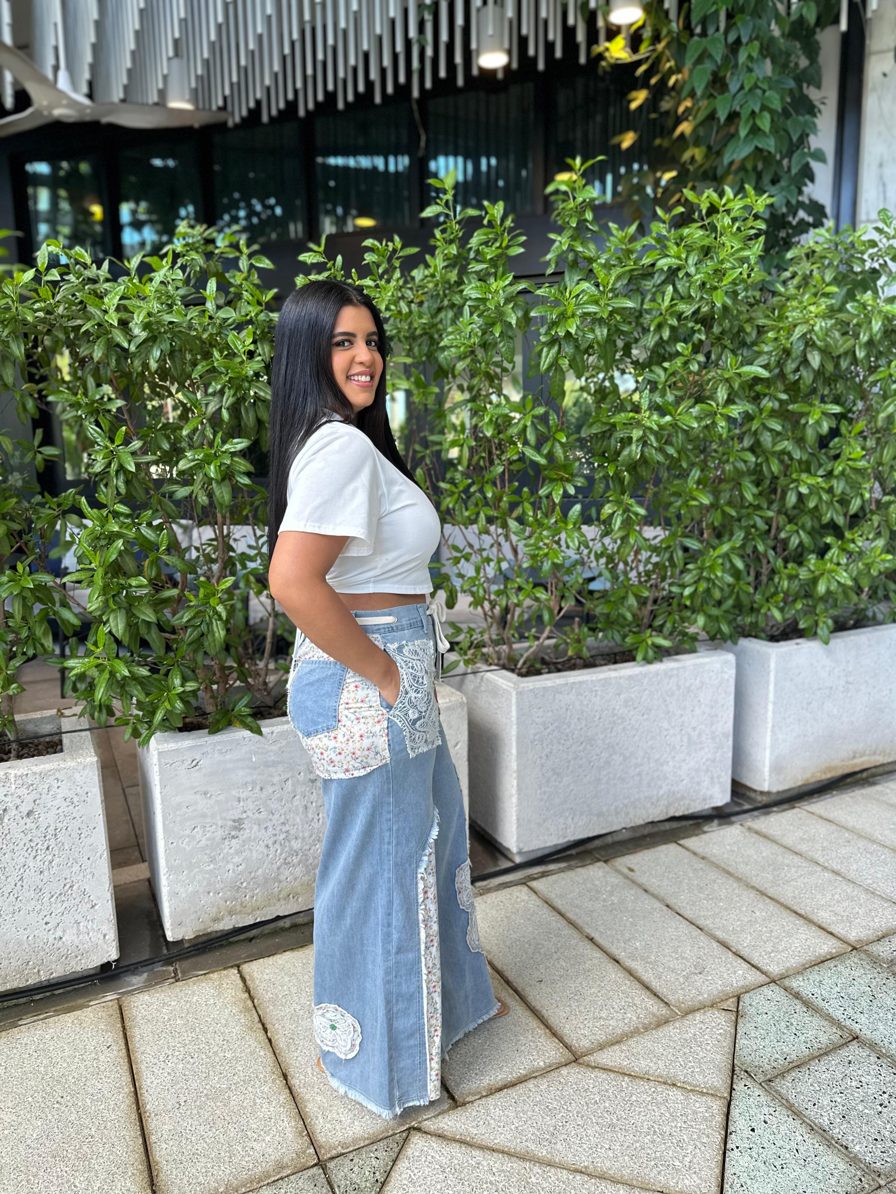 Floral Patches Denim Pants