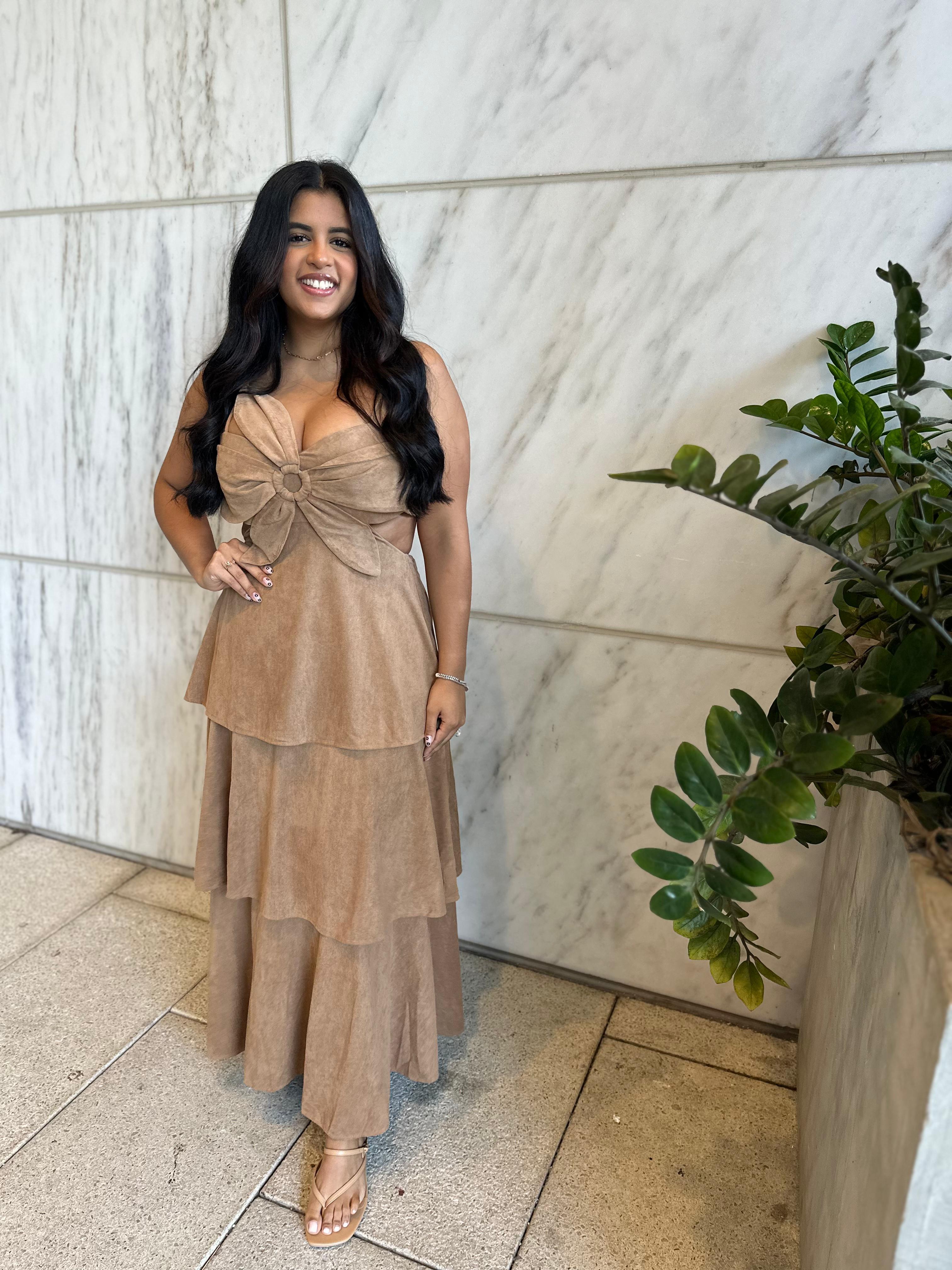 Suede Flower Top Tiered Maxi Dress